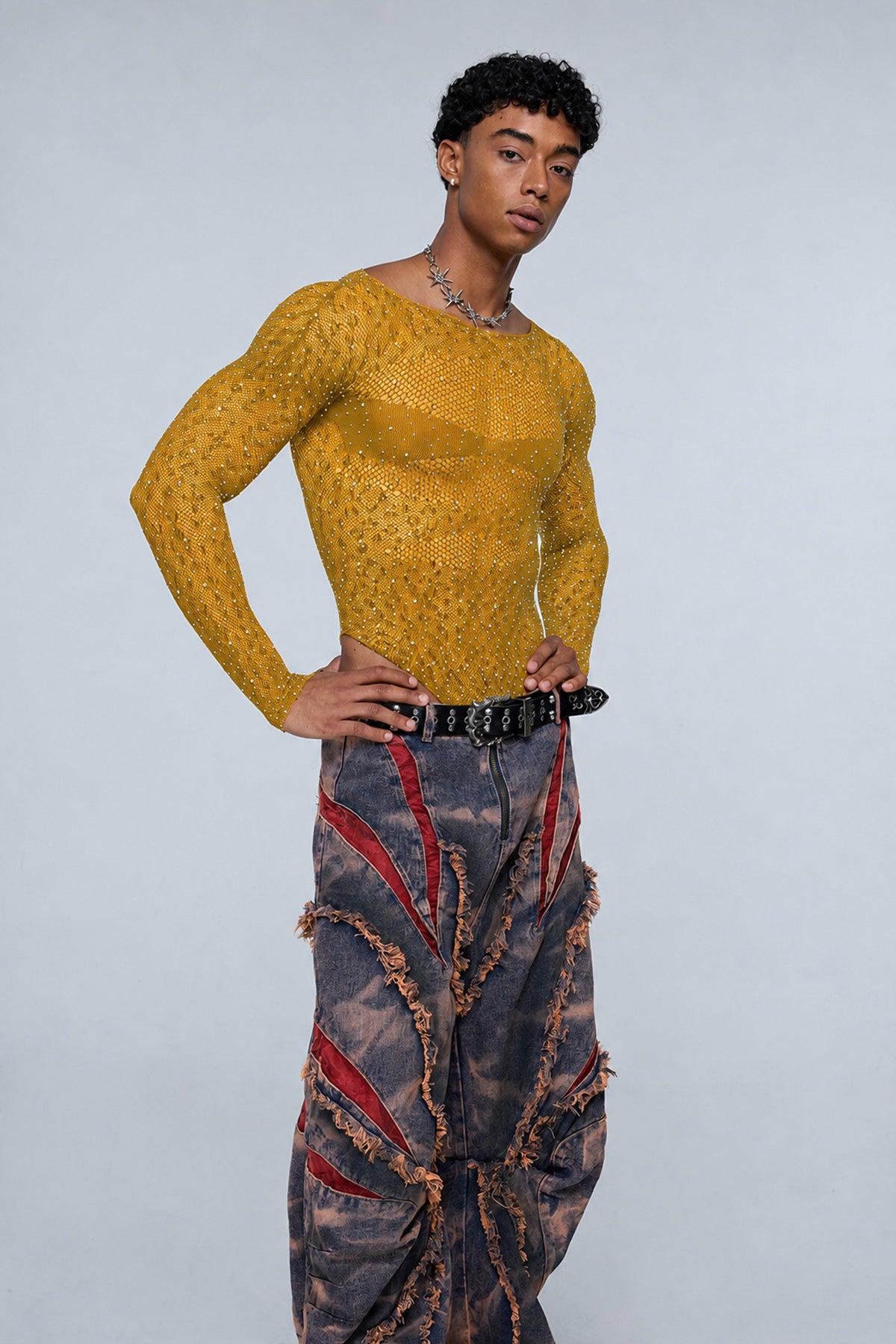Instinct Pulse Leopard Rhinestone Knit Bodysuit Yellow