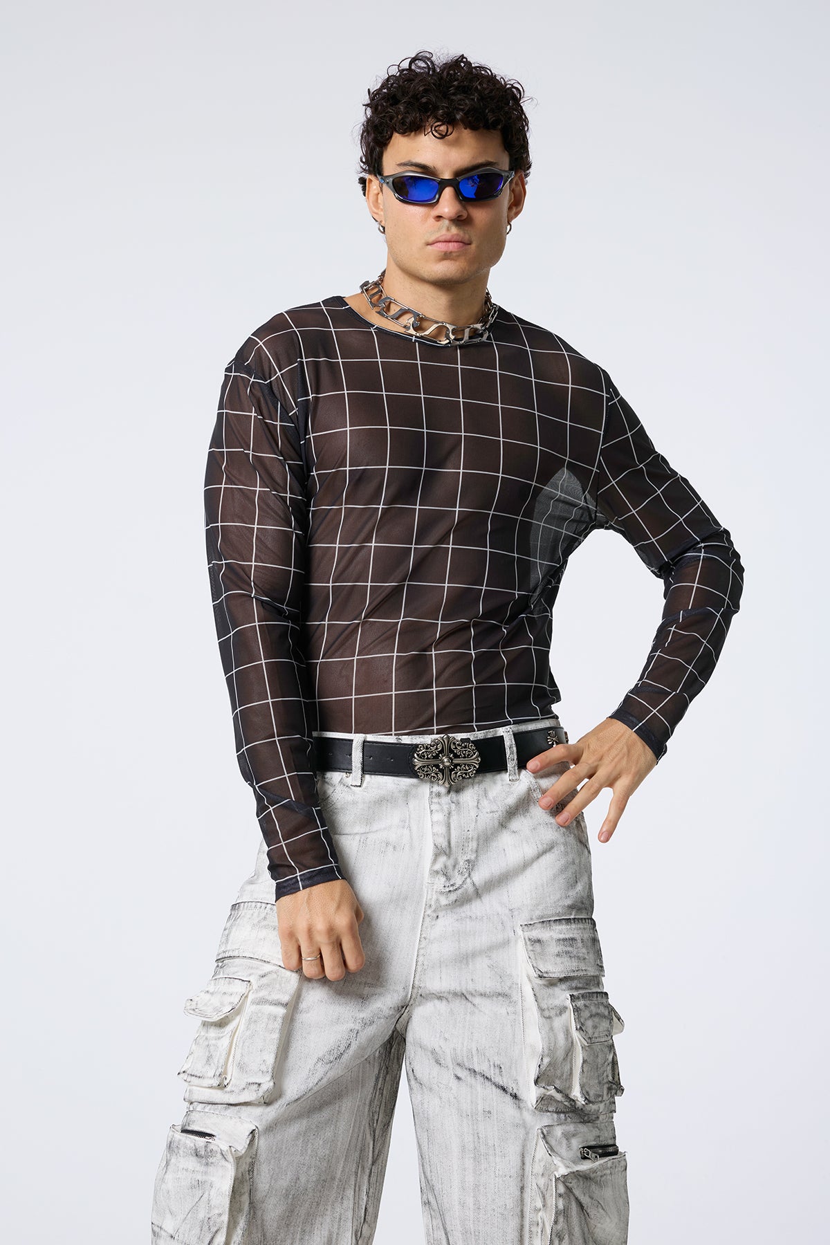 Iron Motif Grid Print Long Sleeve Top