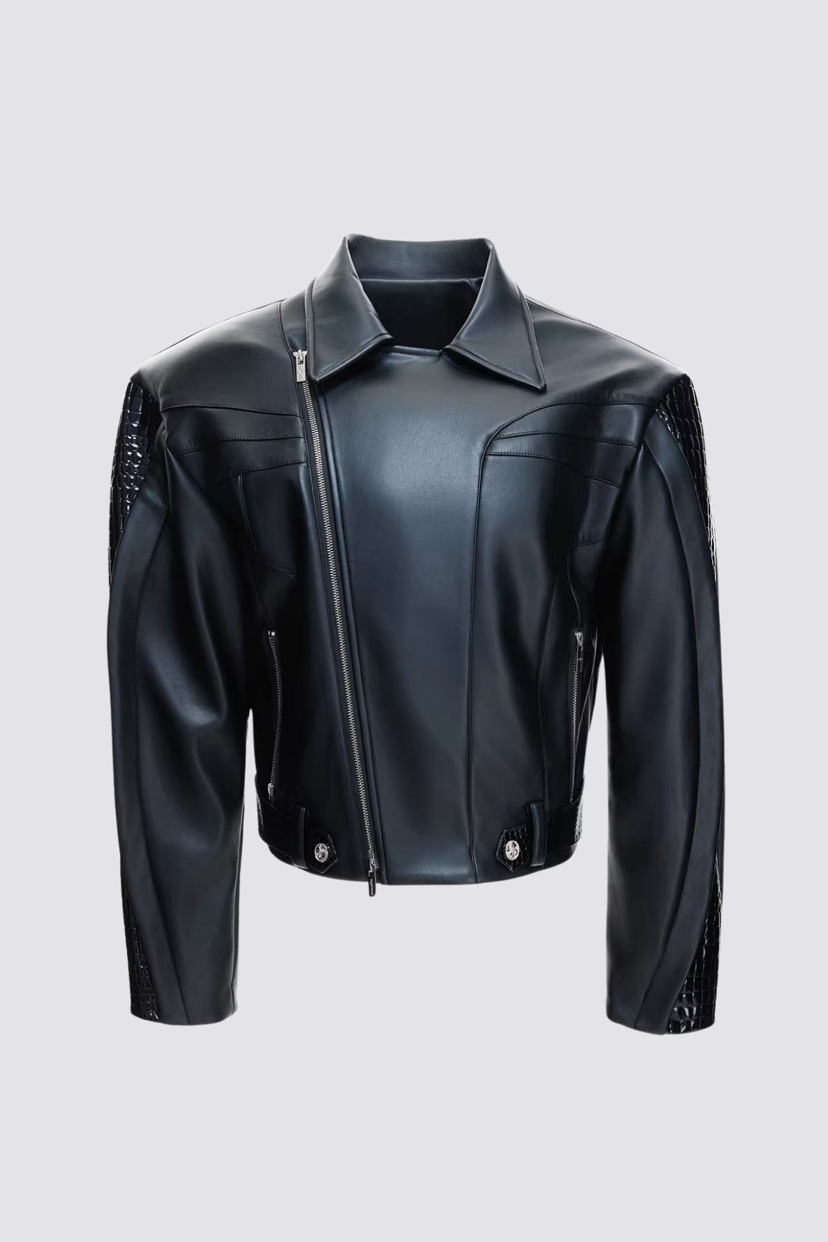 Jet Cinch Crocodile Pattern Leather Jacket