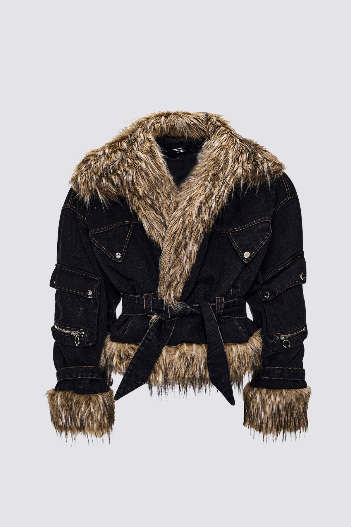 Jet Patch Fur Trimmed Denim Long Sleeve Jacket