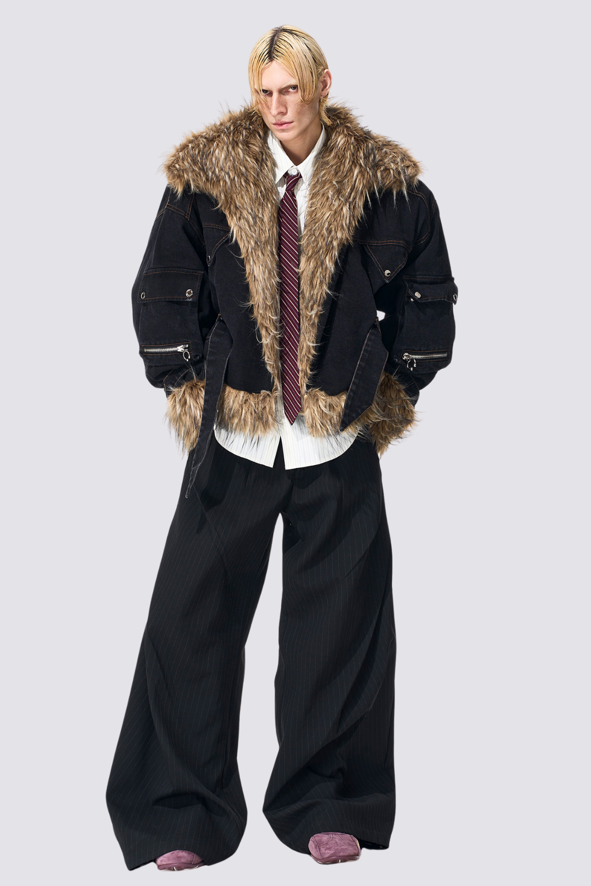 Jet Patch Fur Trimmed Denim Long Sleeve Jacket