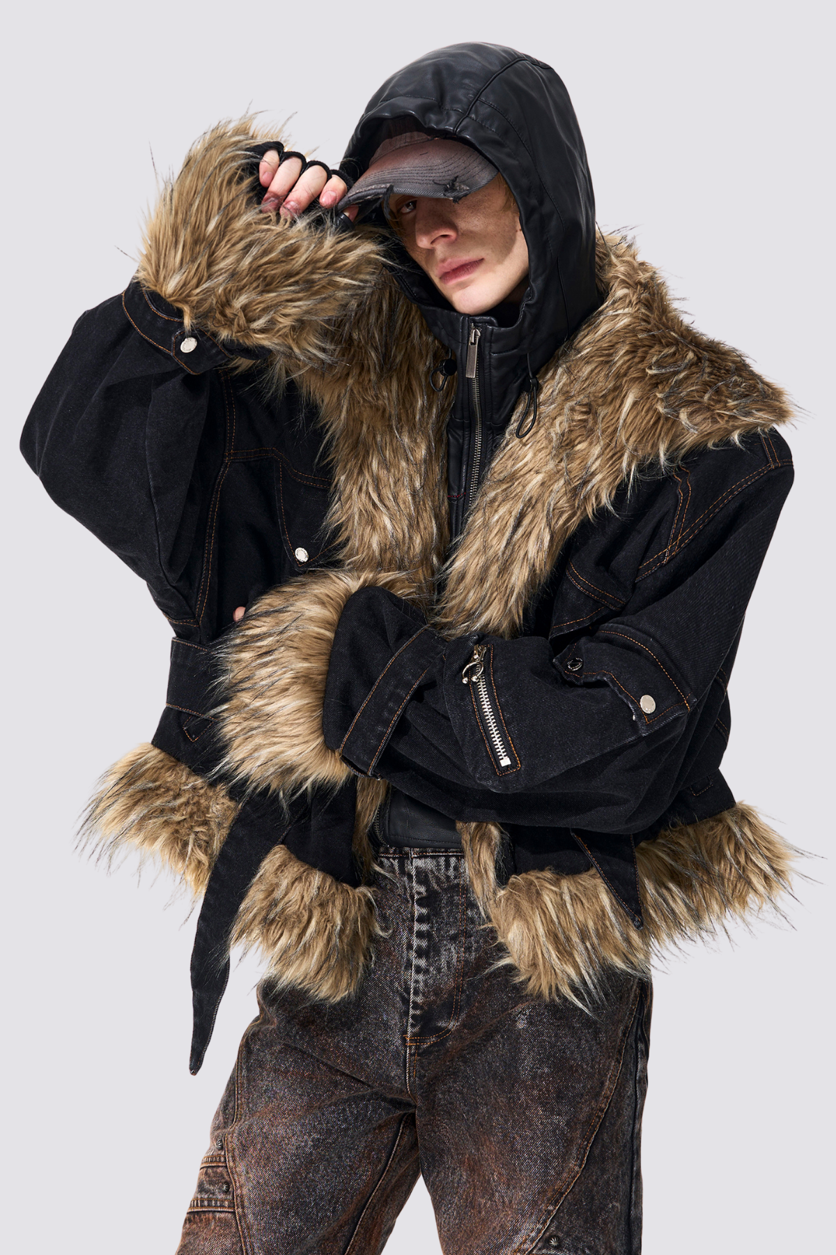 Jet Patch Fur Trimmed Denim Long Sleeve Jacket