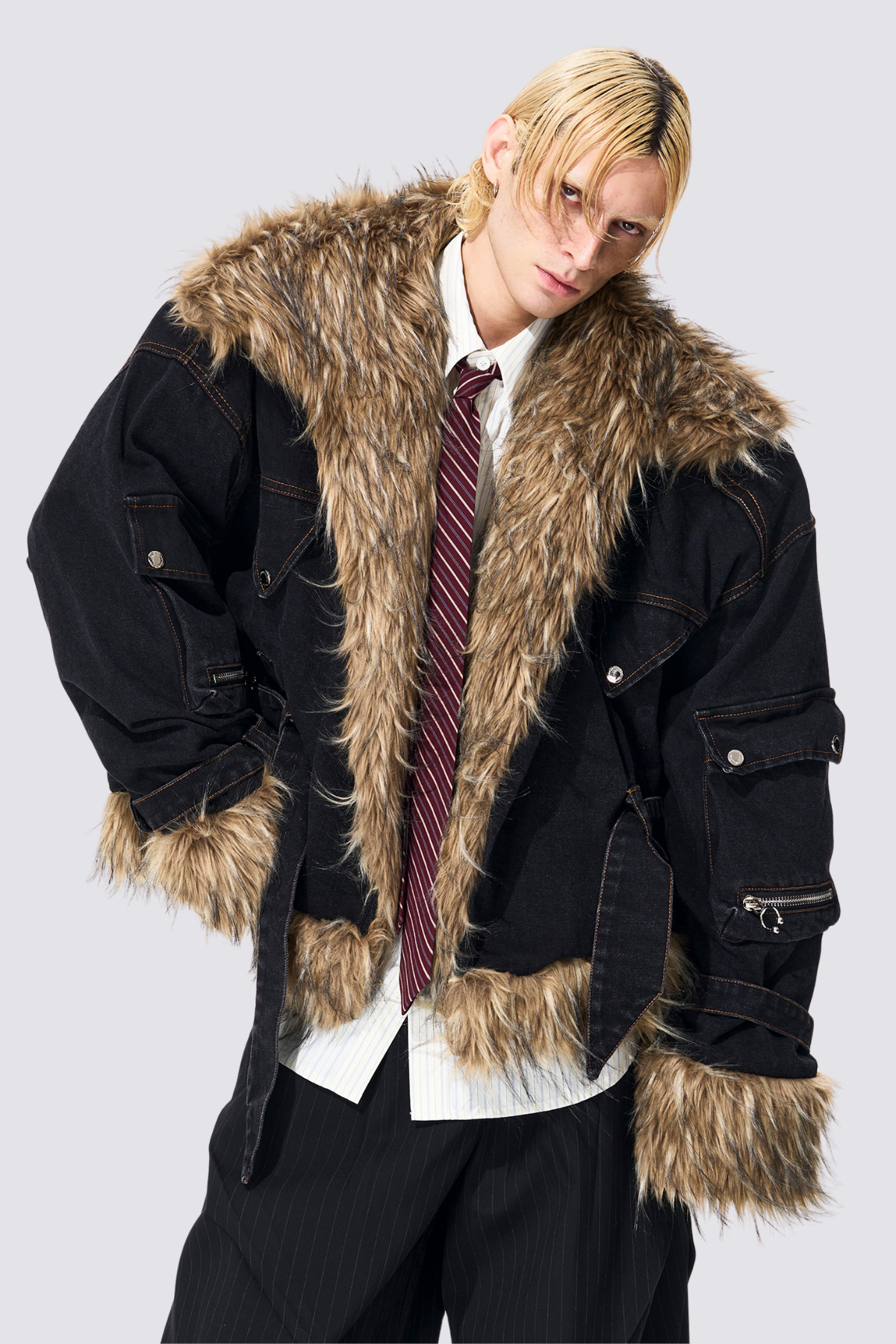 Jet Patch Fur Trimmed Denim Long Sleeve Jacket