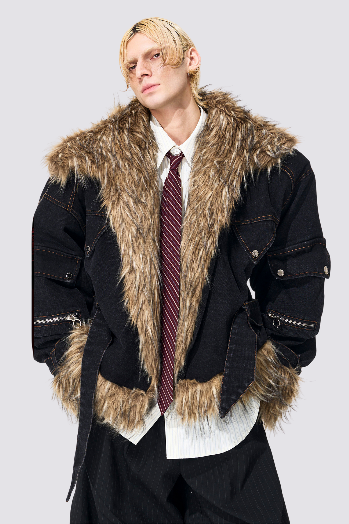 Jet Patch Fur Trimmed Denim Long Sleeve Jacket