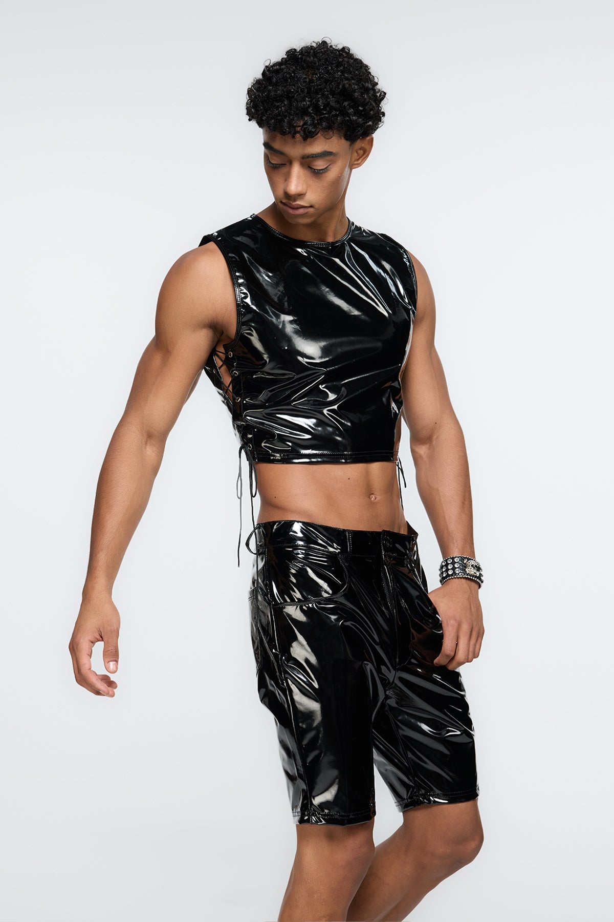 Kinetic Pelt Pantent Leather Lace Up Crop Top