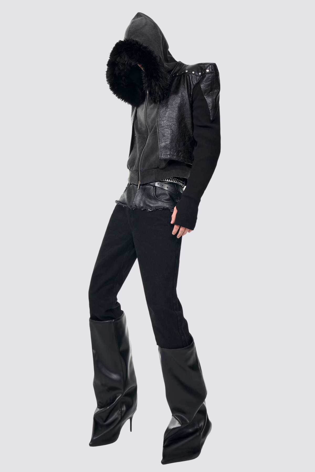 Knit Step Leather Long Sleeve Crop Jacket