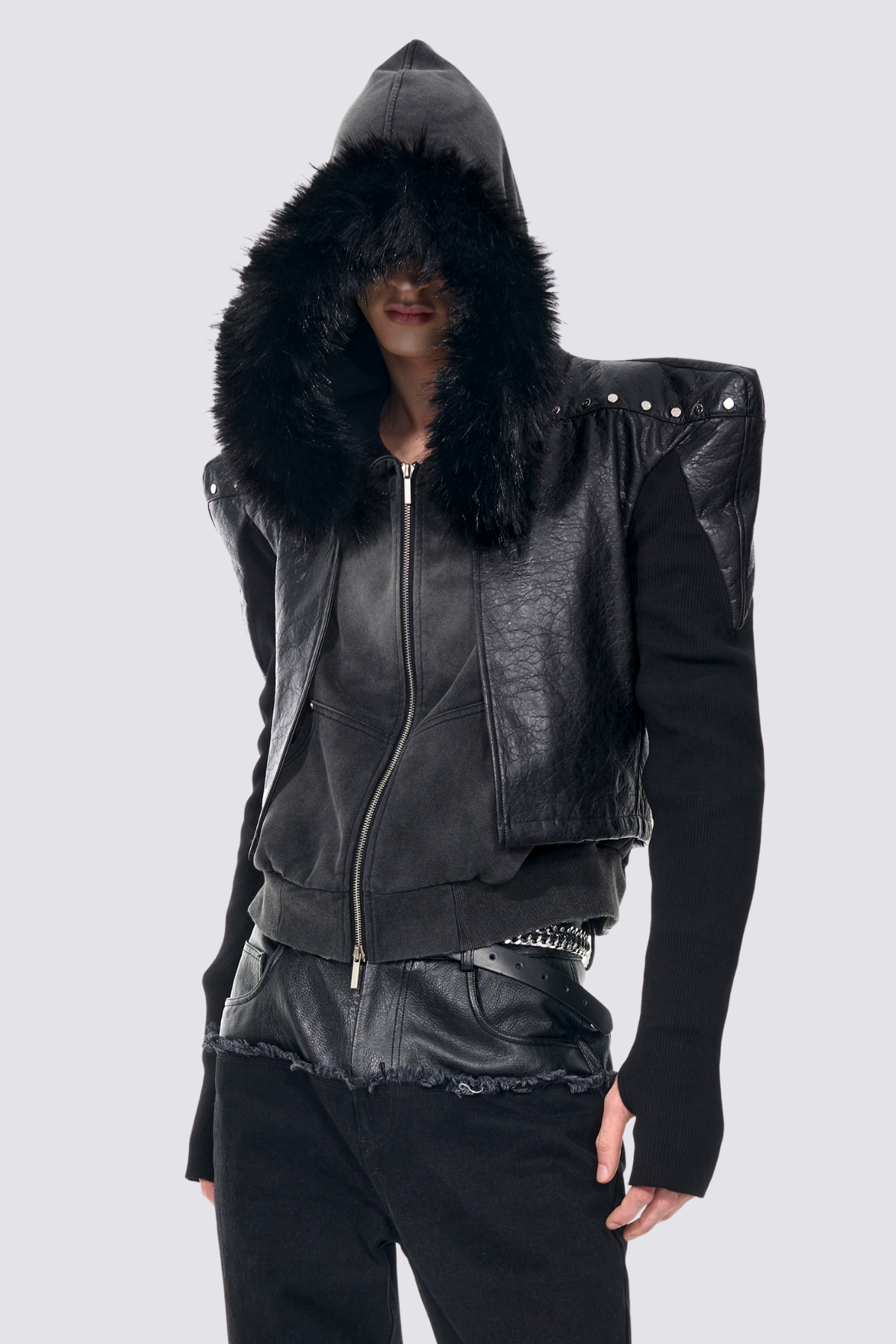 Knit Step Leather Long Sleeve Crop Jacket