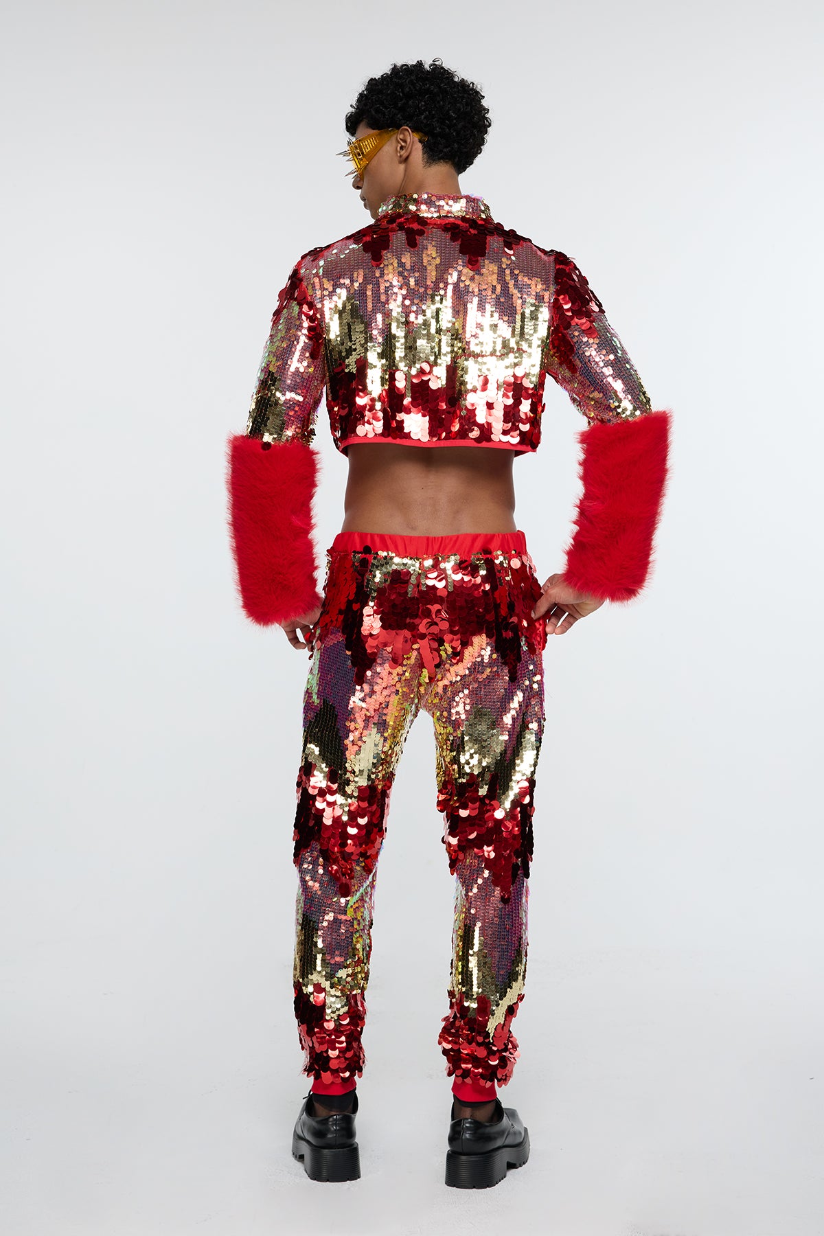 Laser Flare Sequin Faux Fur Crop Jacket