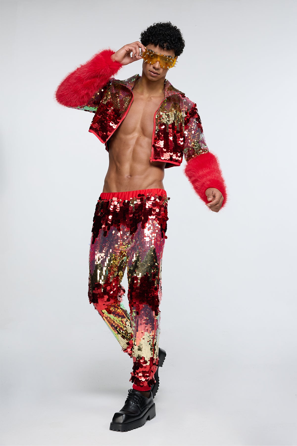 Laser Flare Sequin Faux Fur Crop Jacket