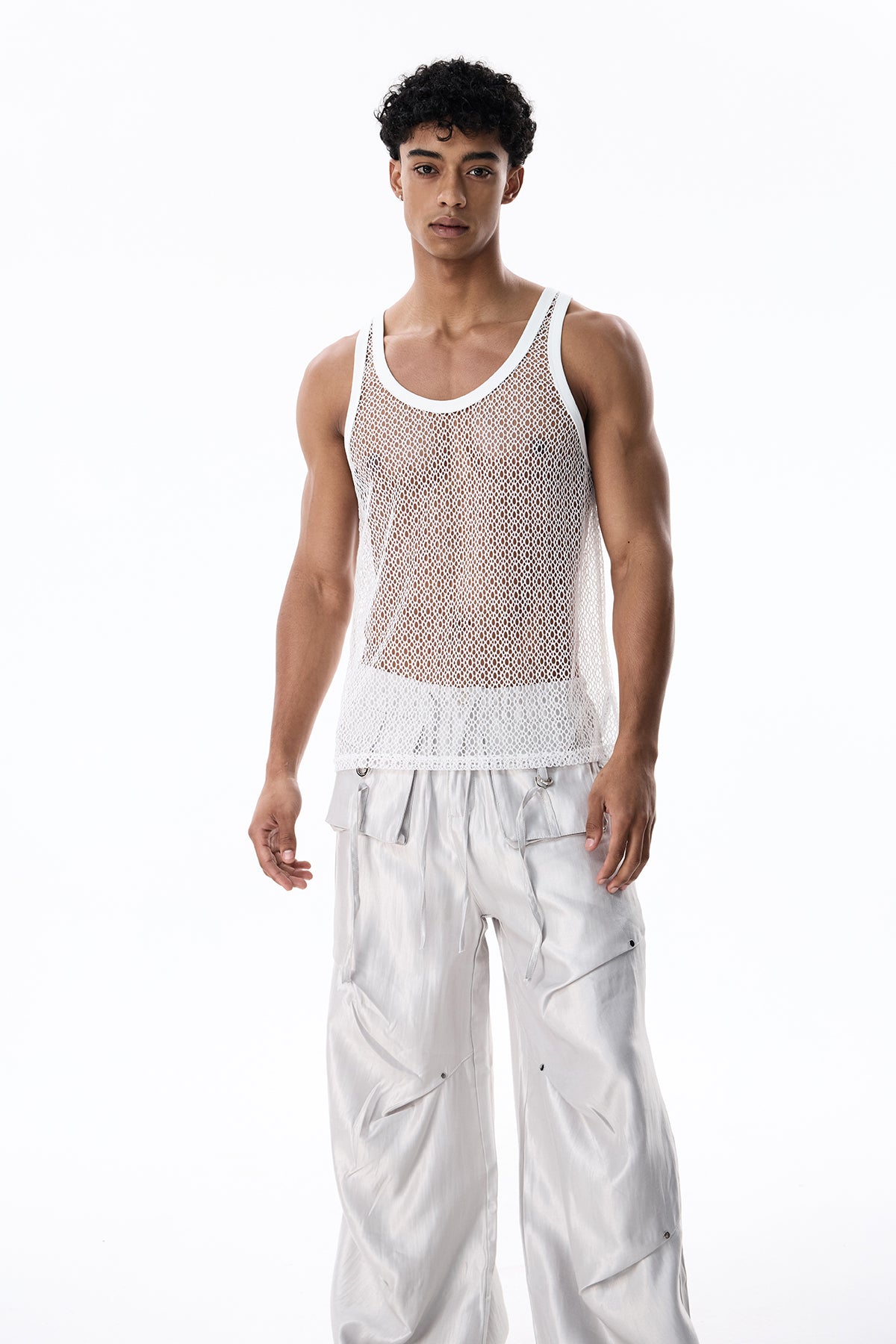 Light Veil Cutout Mesh Sleeveless Top