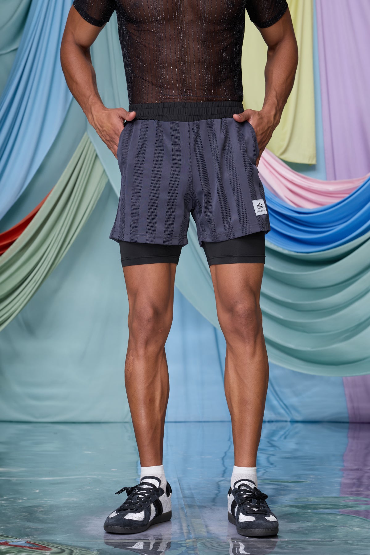 Linear Rise Stripe Shorts Grey
