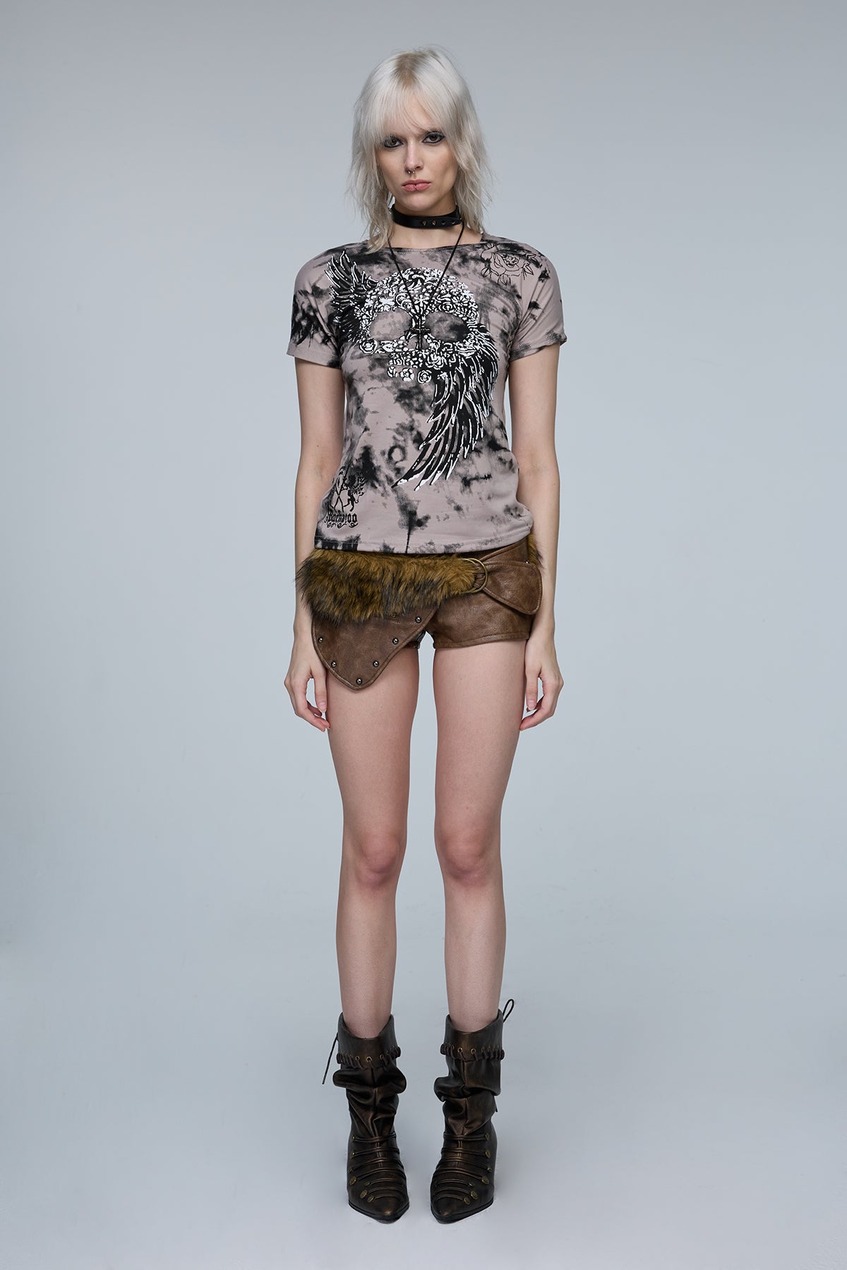Linear Skin Faux Fur Leather Shorts