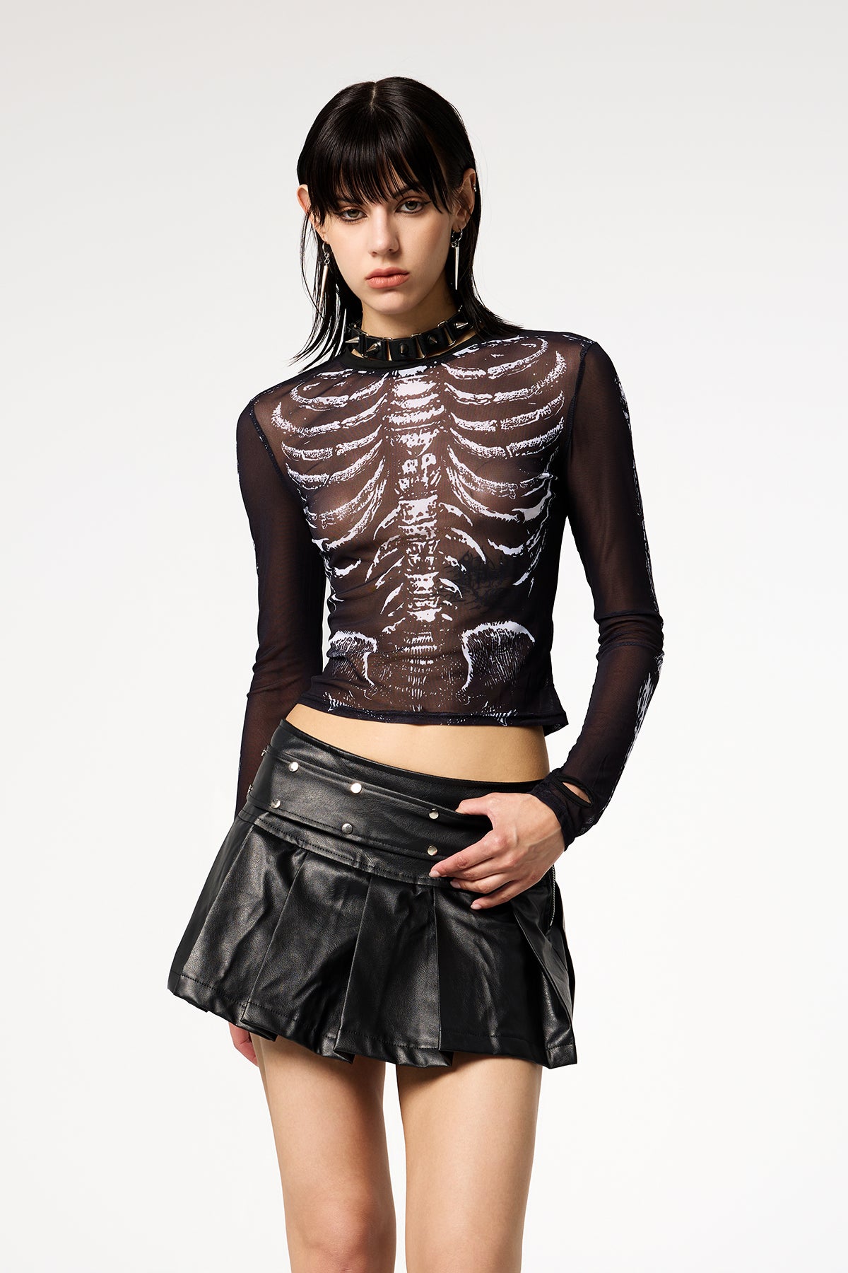 Liquid Heaven Long Sleeve Mesh Skeleton Printed Top