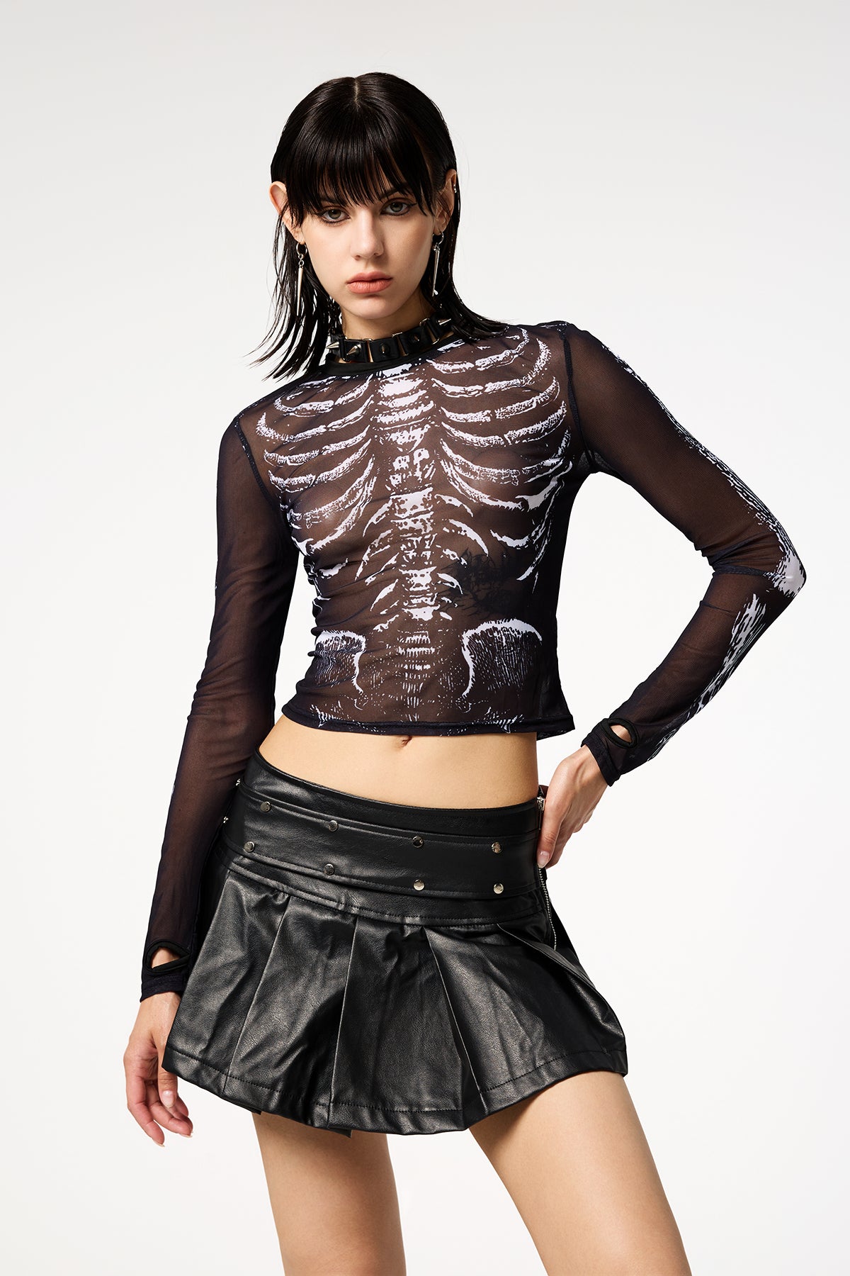 Liquid Heaven Long Sleeve Mesh Skeleton Printed Top