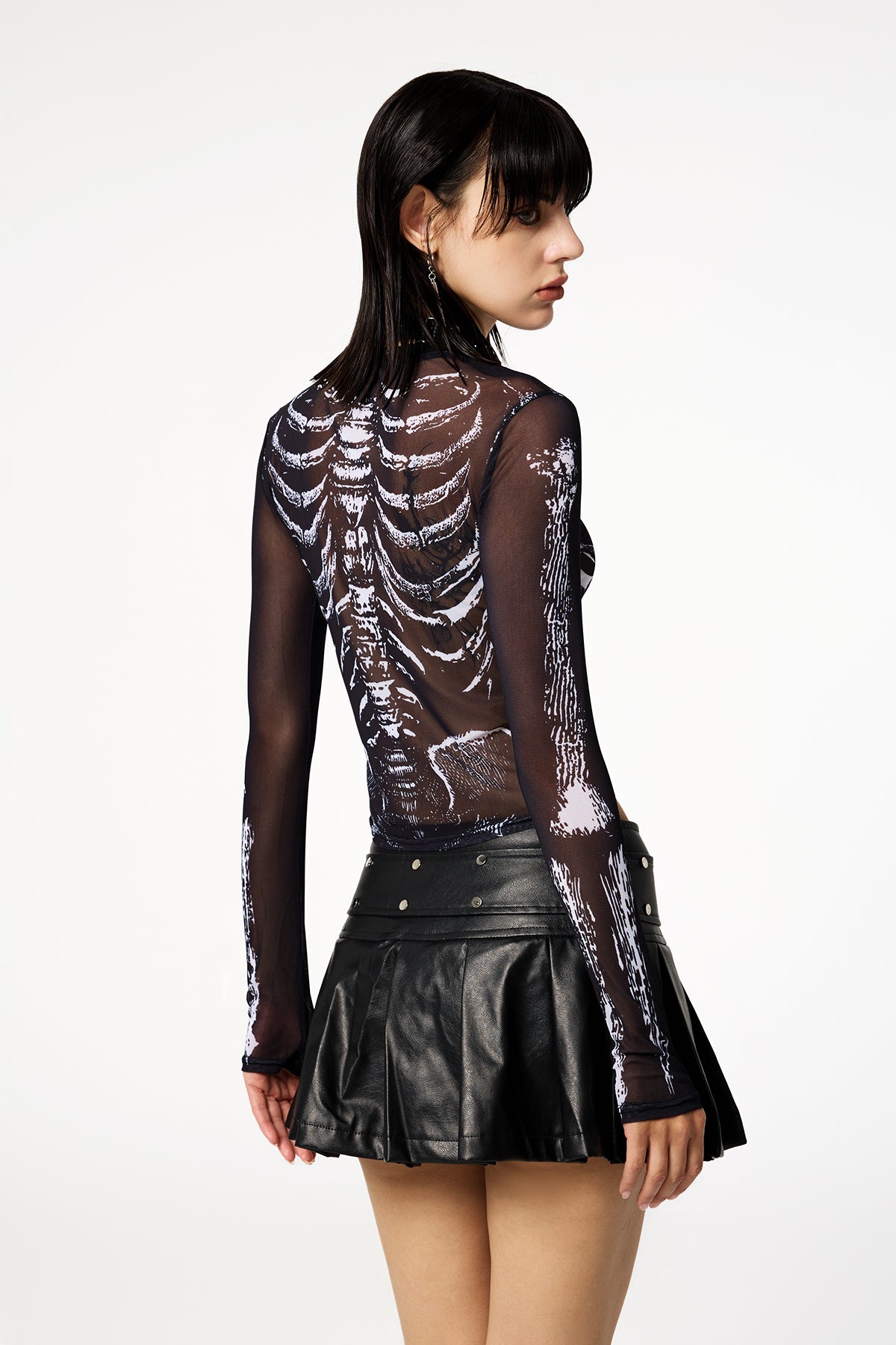 Liquid Heaven Long Sleeve Mesh Skeleton Printed Top