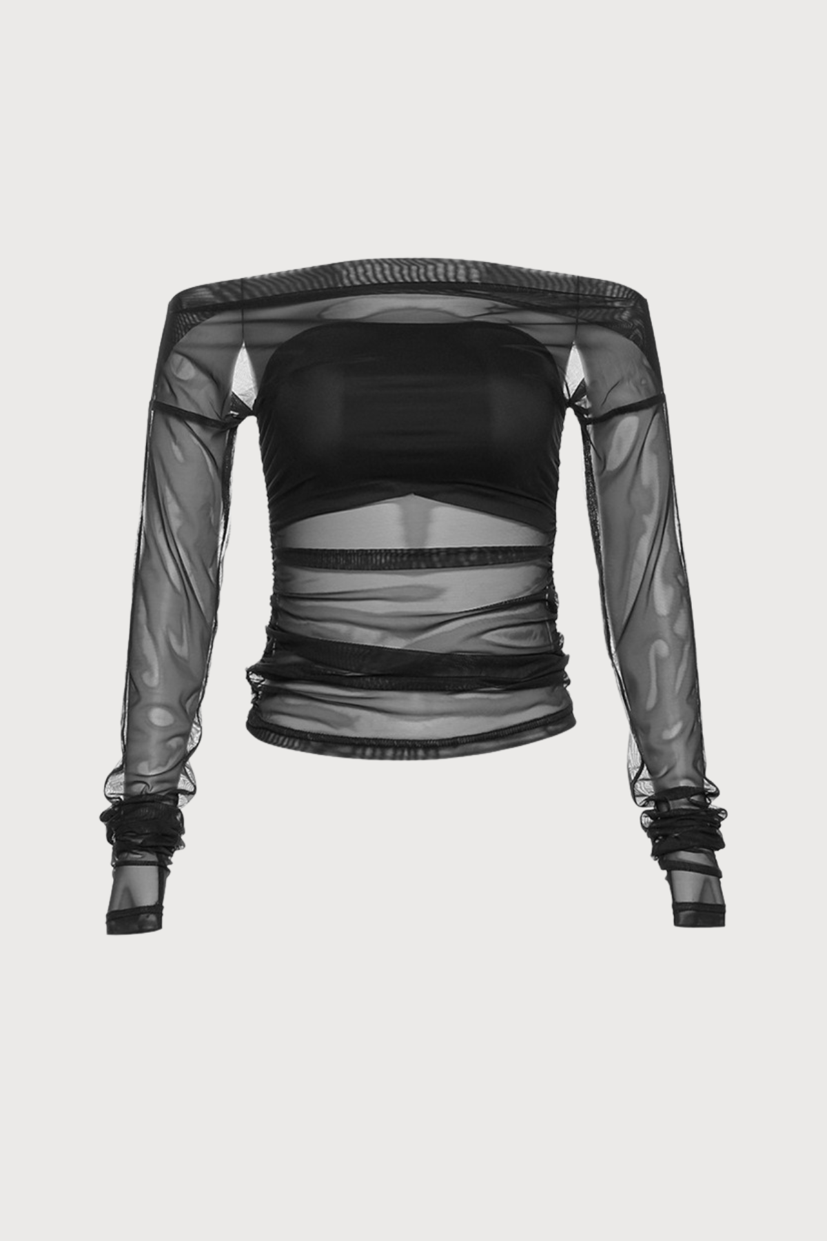 Love Drop Off Shoulder Mesh Long Sleeve Top