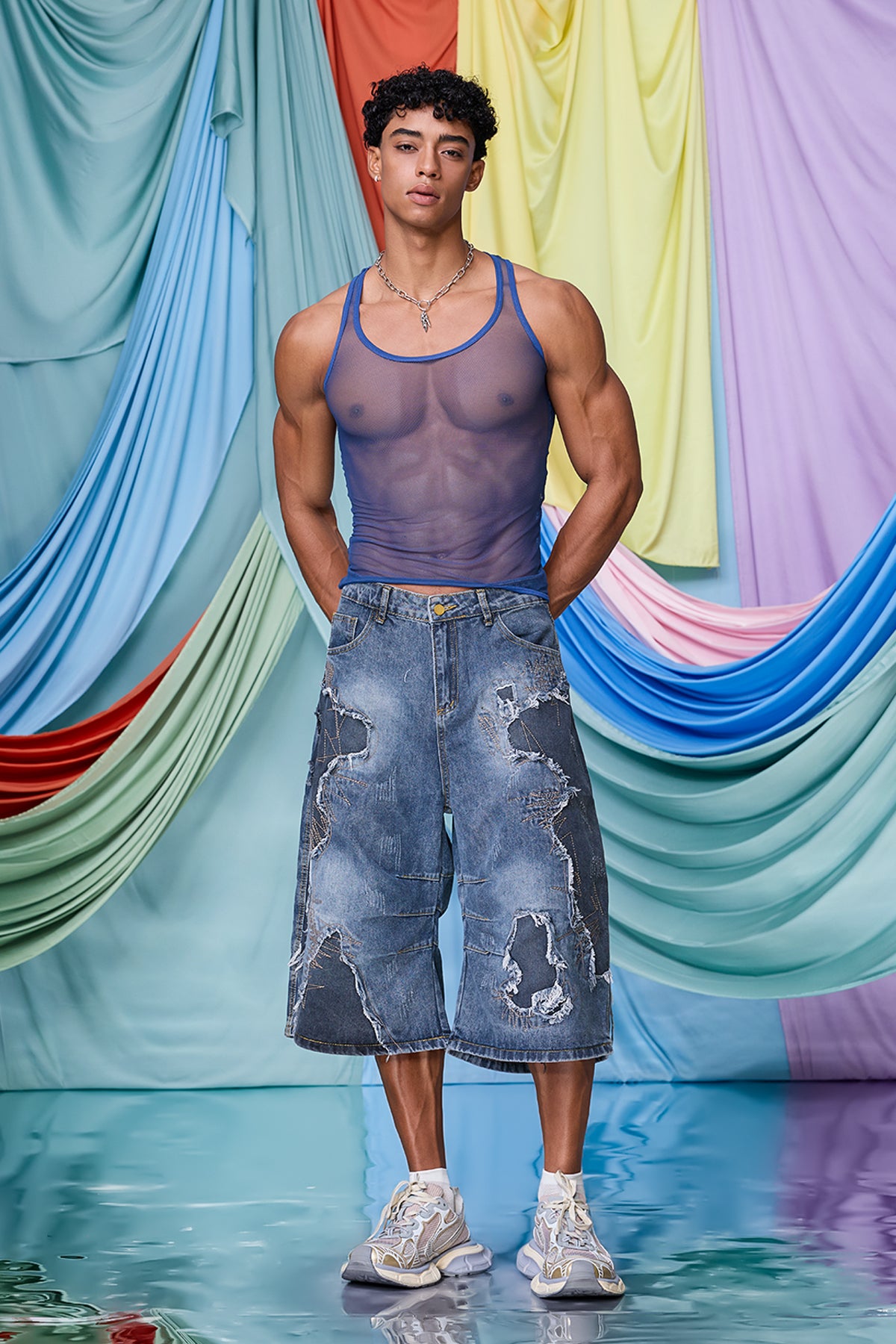 Low Contrast Mesh Tank Top Blue