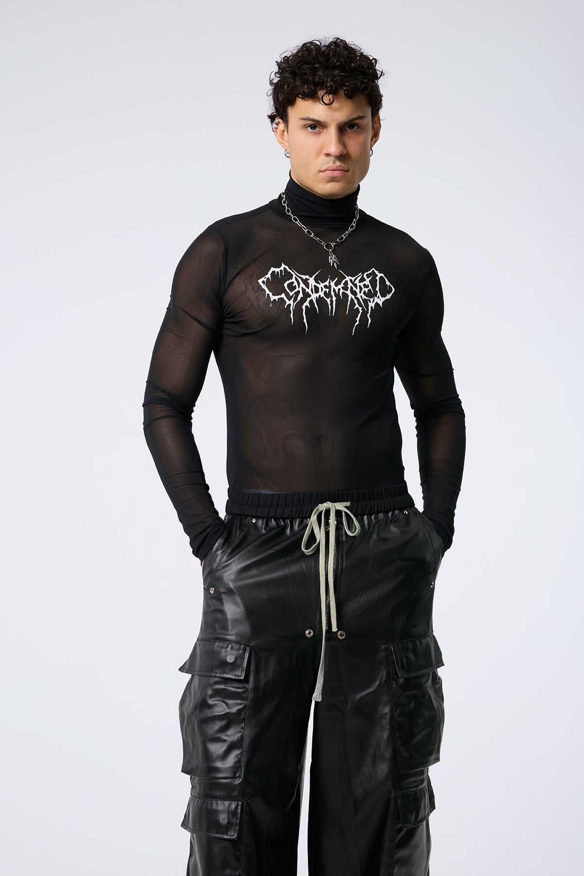 Low Grid Print High Neck Top Black