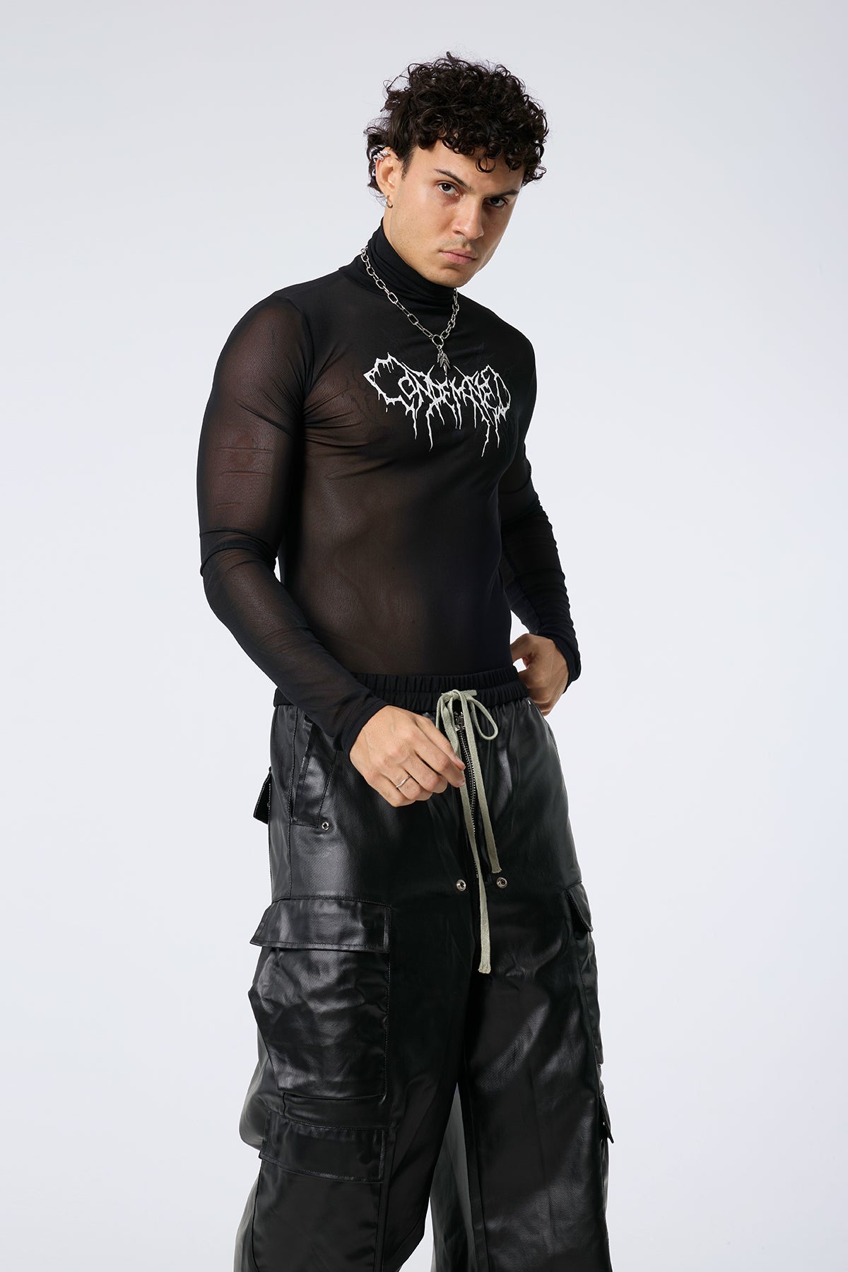 Low Grid Print High Neck Top Black