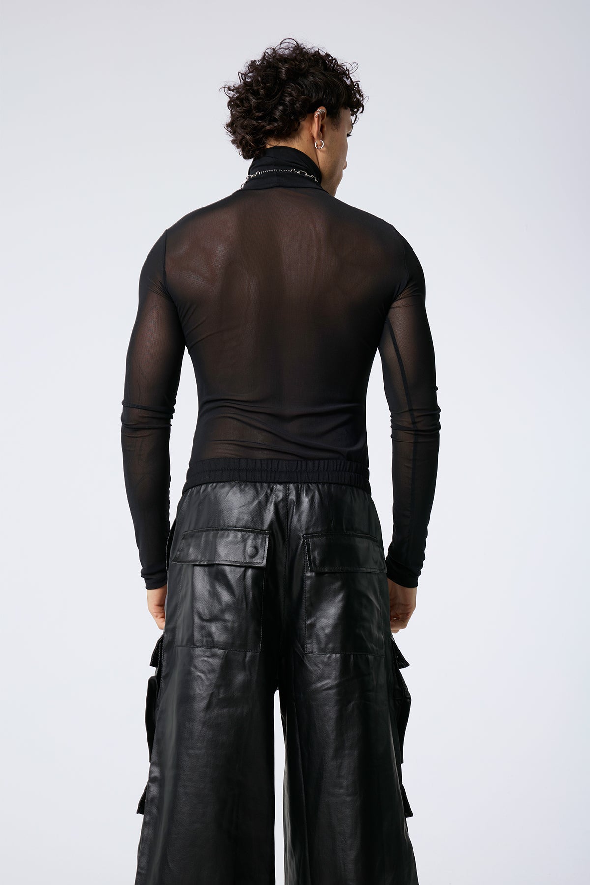 Low Grid Print High Neck Top Black