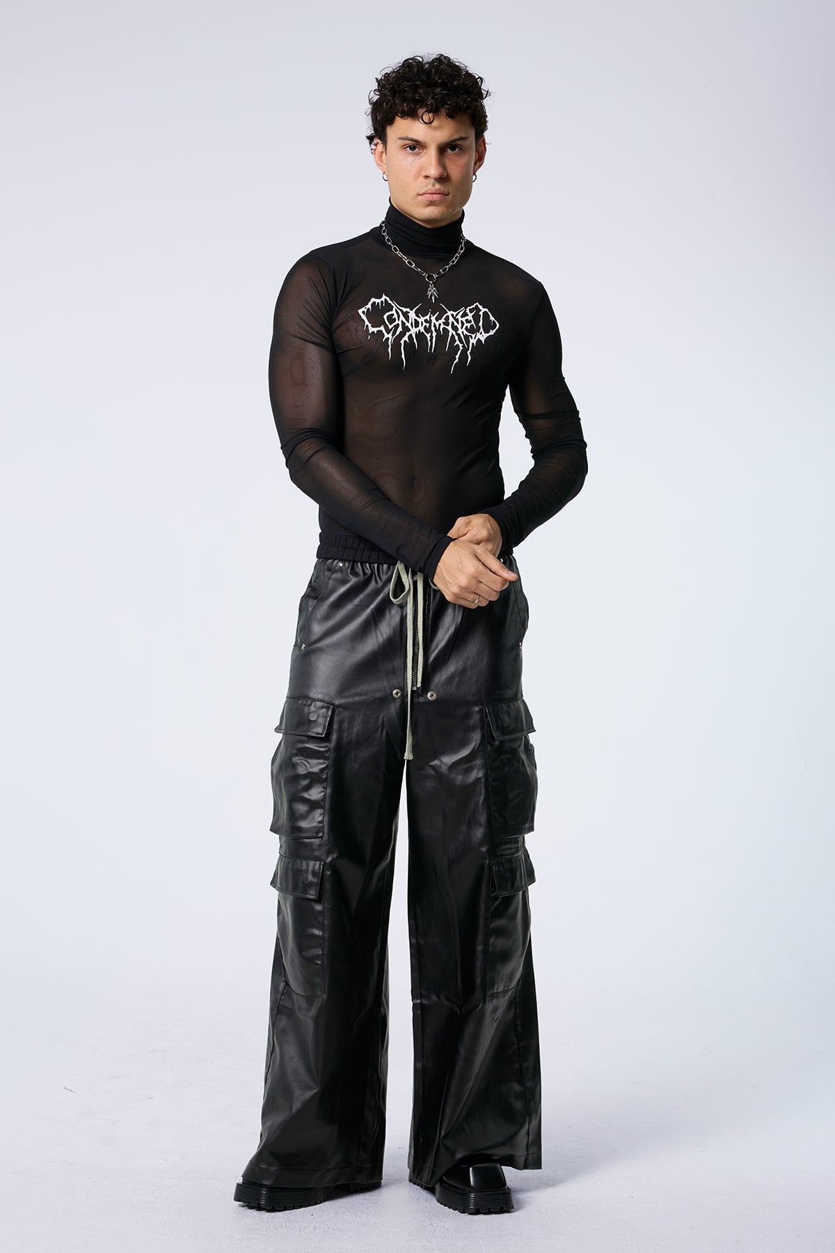 Low Grid Print High Neck Top Black