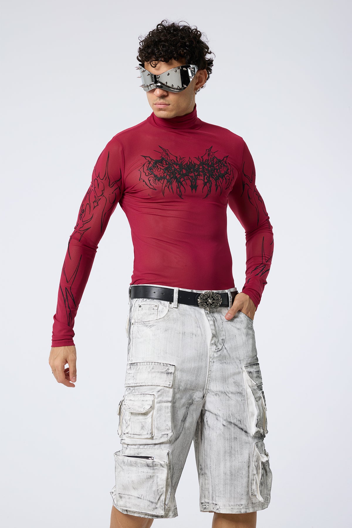 Low Grid Print High Neck Top Red