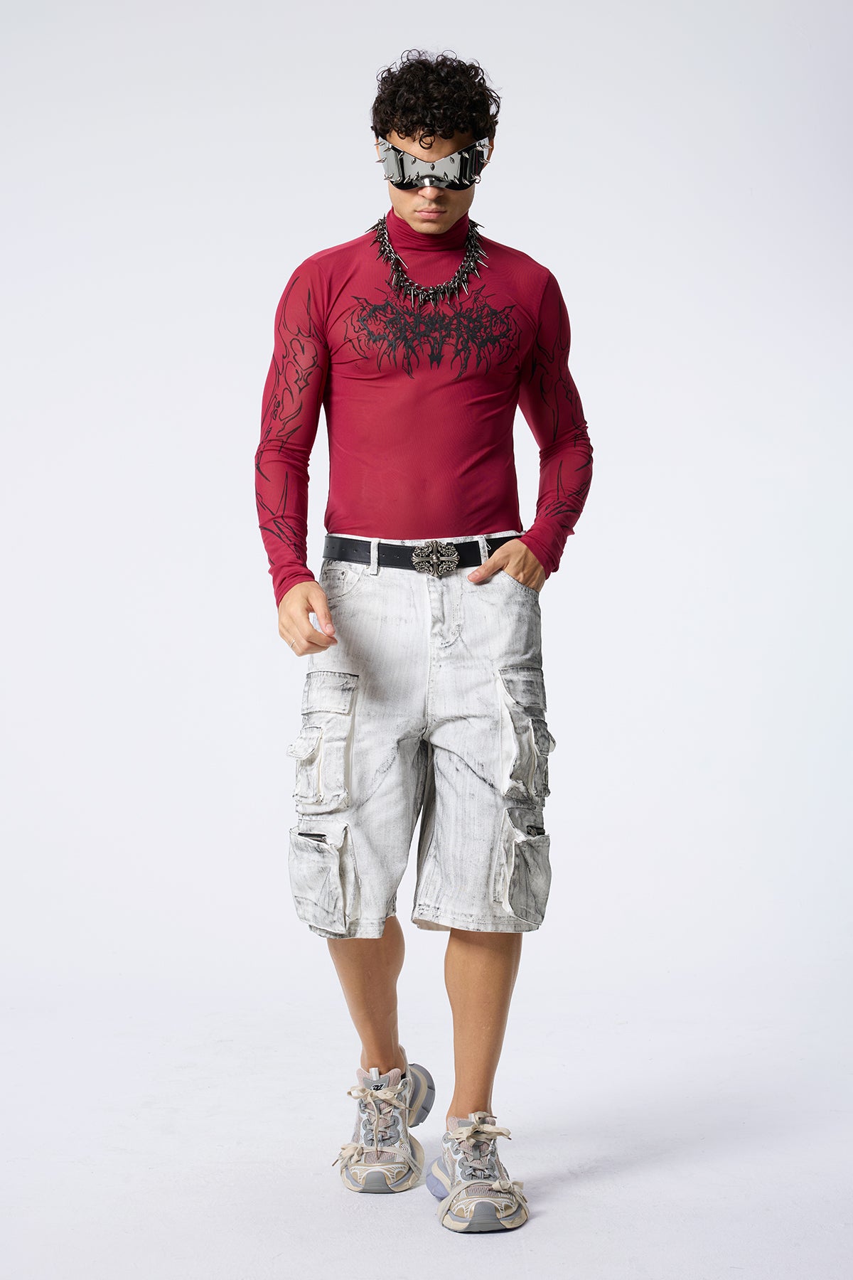 Low Grid Print High Neck Top Red