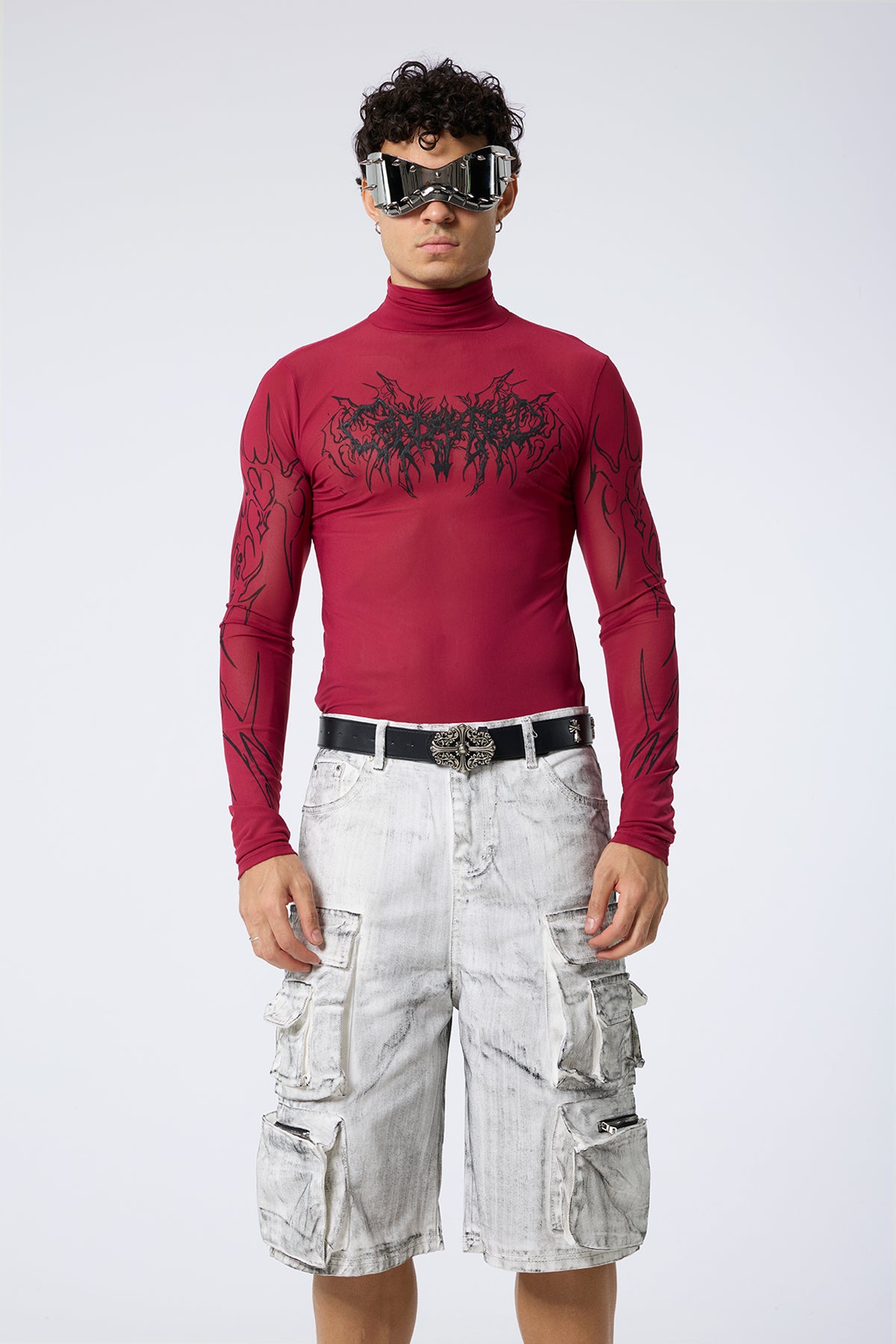 Low Grid Print High Neck Top Red