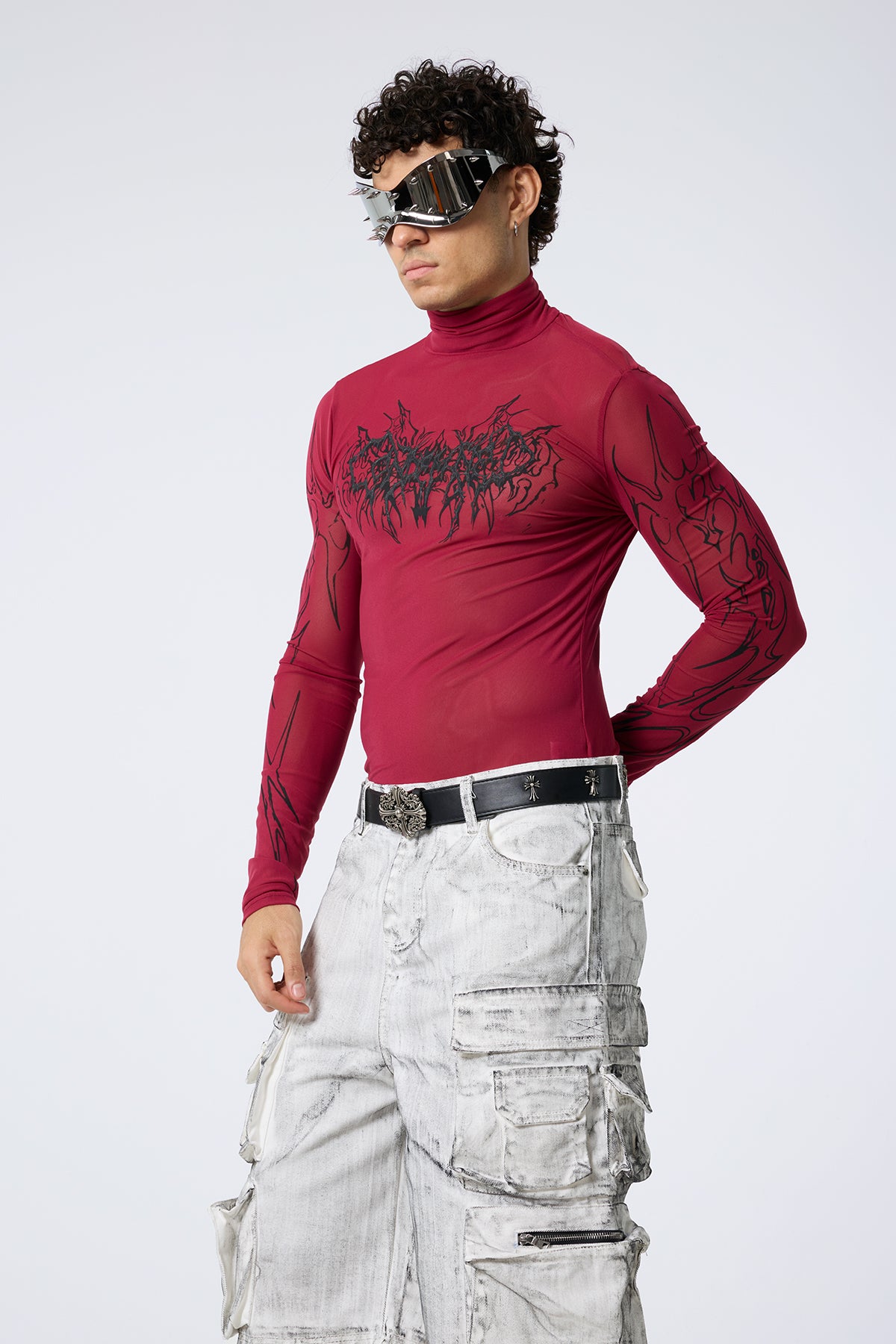 Low Grid Print High Neck Top Red