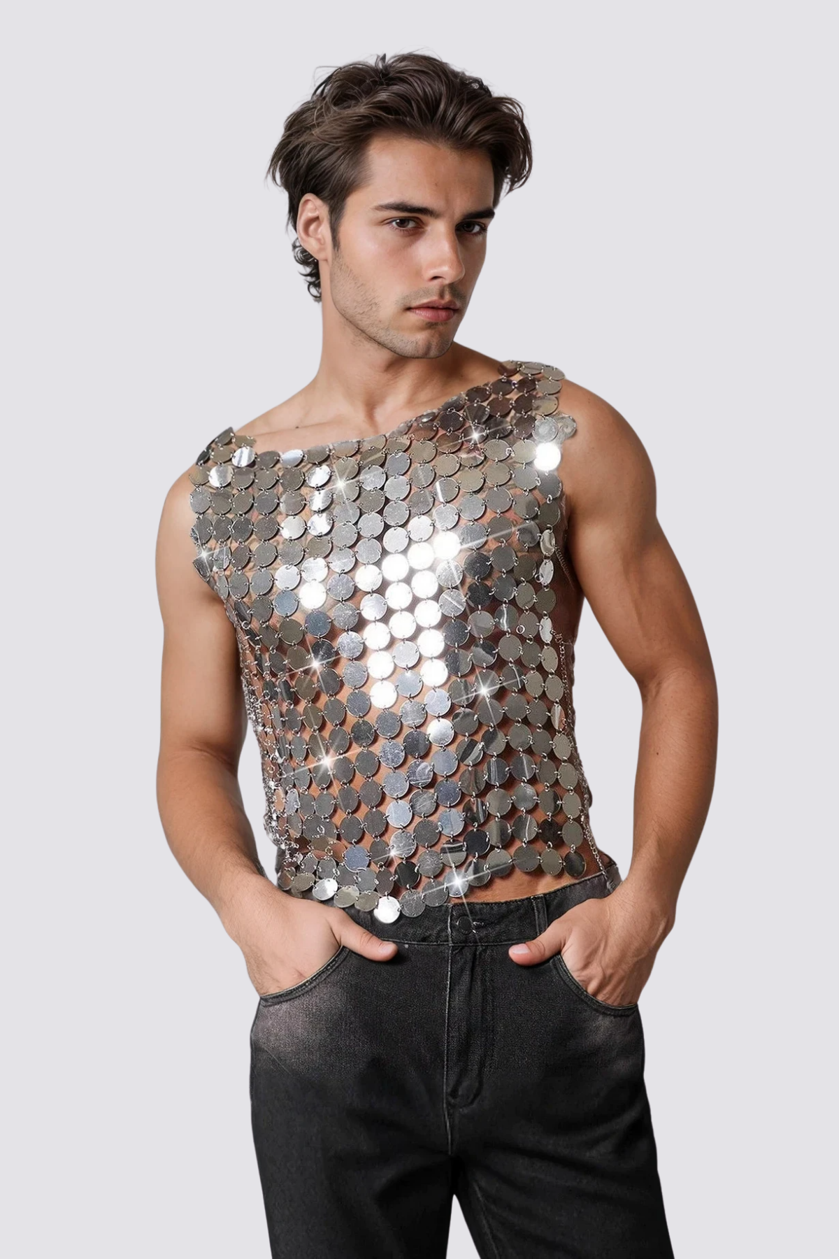 Luminous Arc Sequin Sleeveless Top