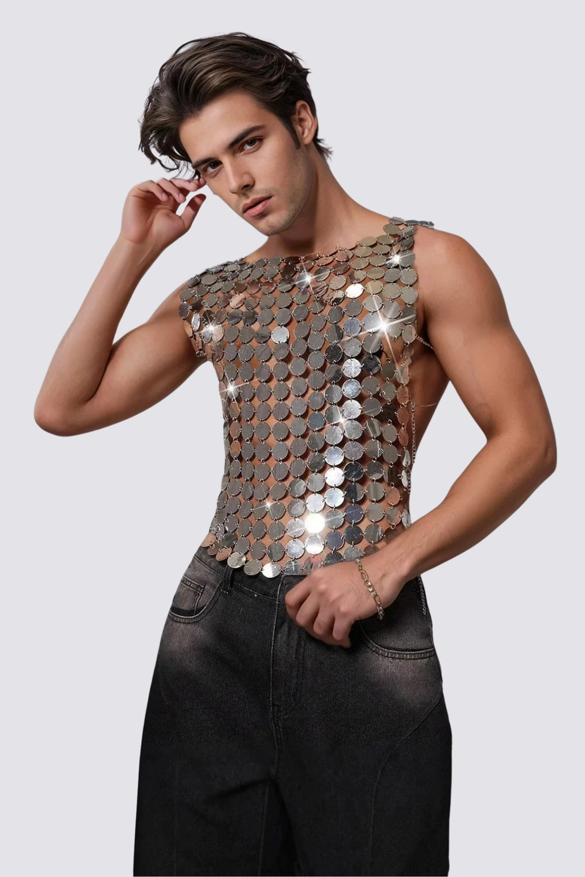 Luminous Arc Sequin Sleeveless Top