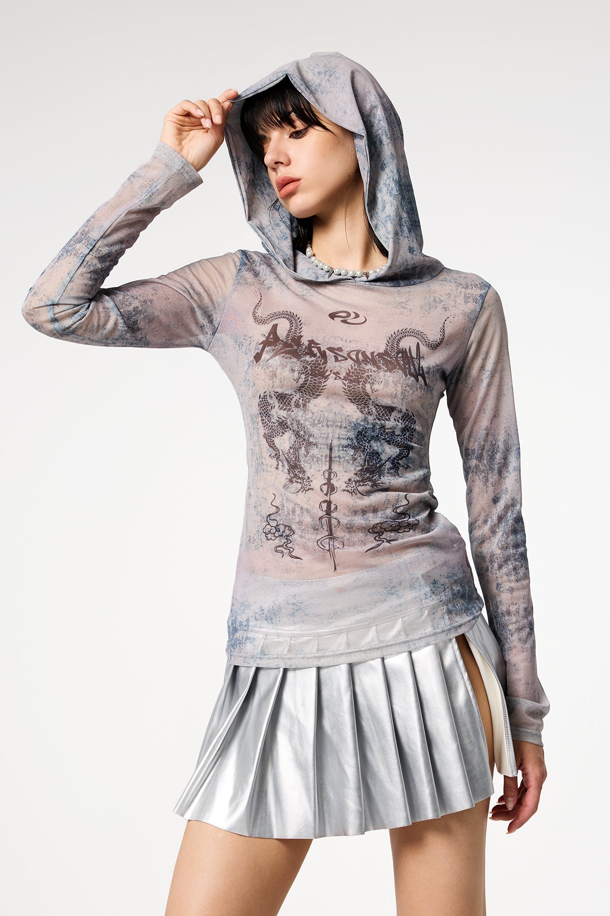 Magic Beam Dragon Print Hooded Mesh Long Sleeve Top