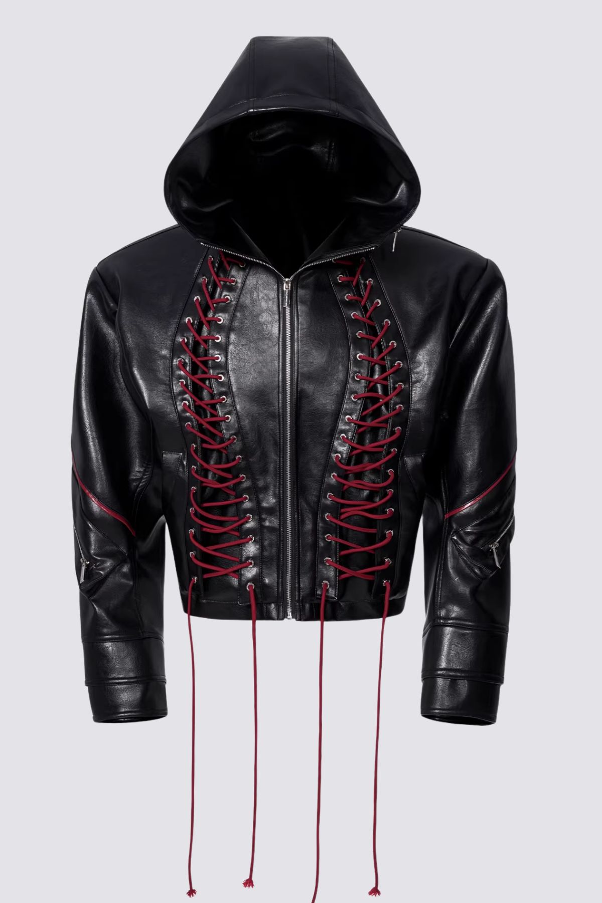 Metal Loop Leather Lace Up Hooded Jacket