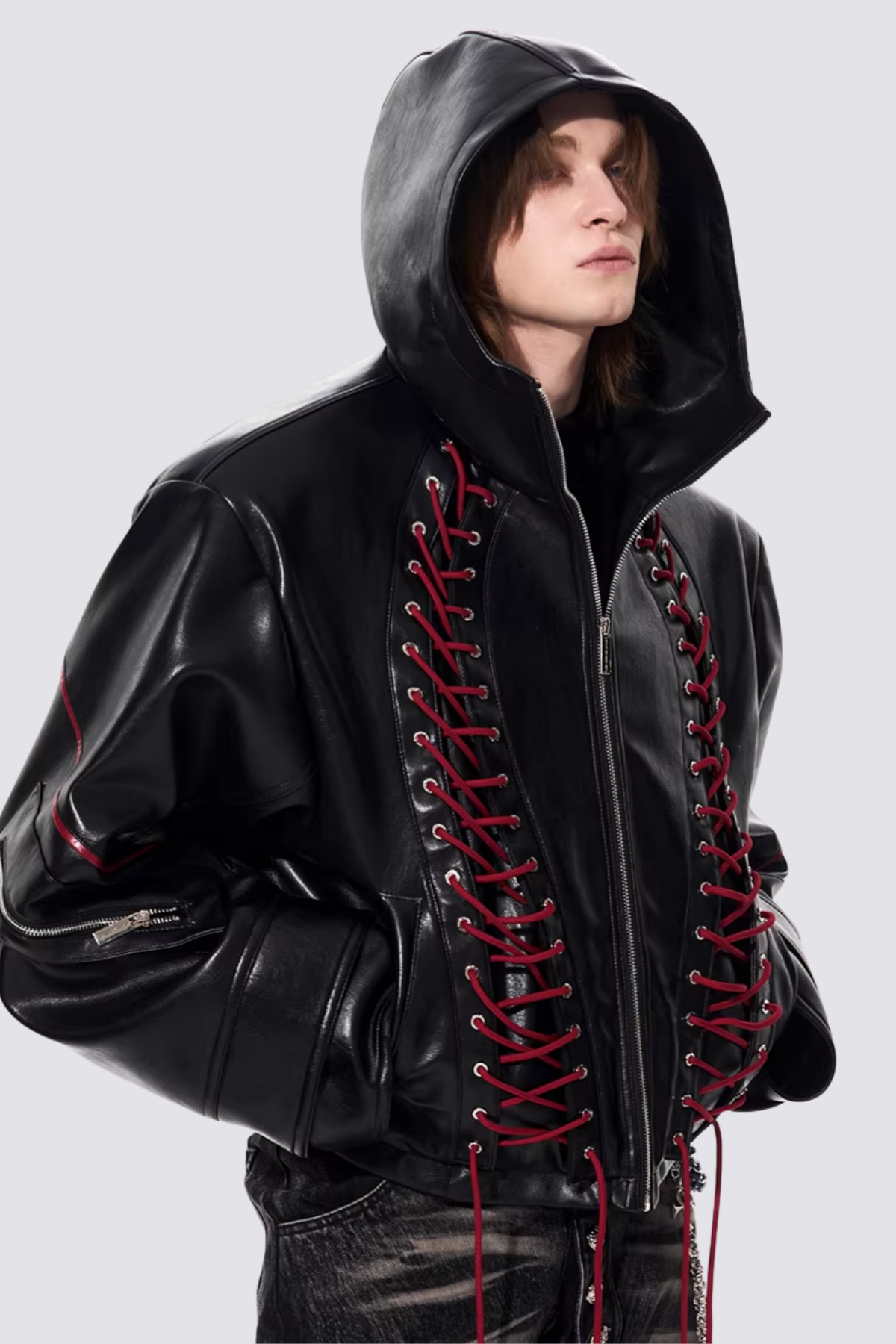 Metal Loop Leather Lace Up Hooded Jacket