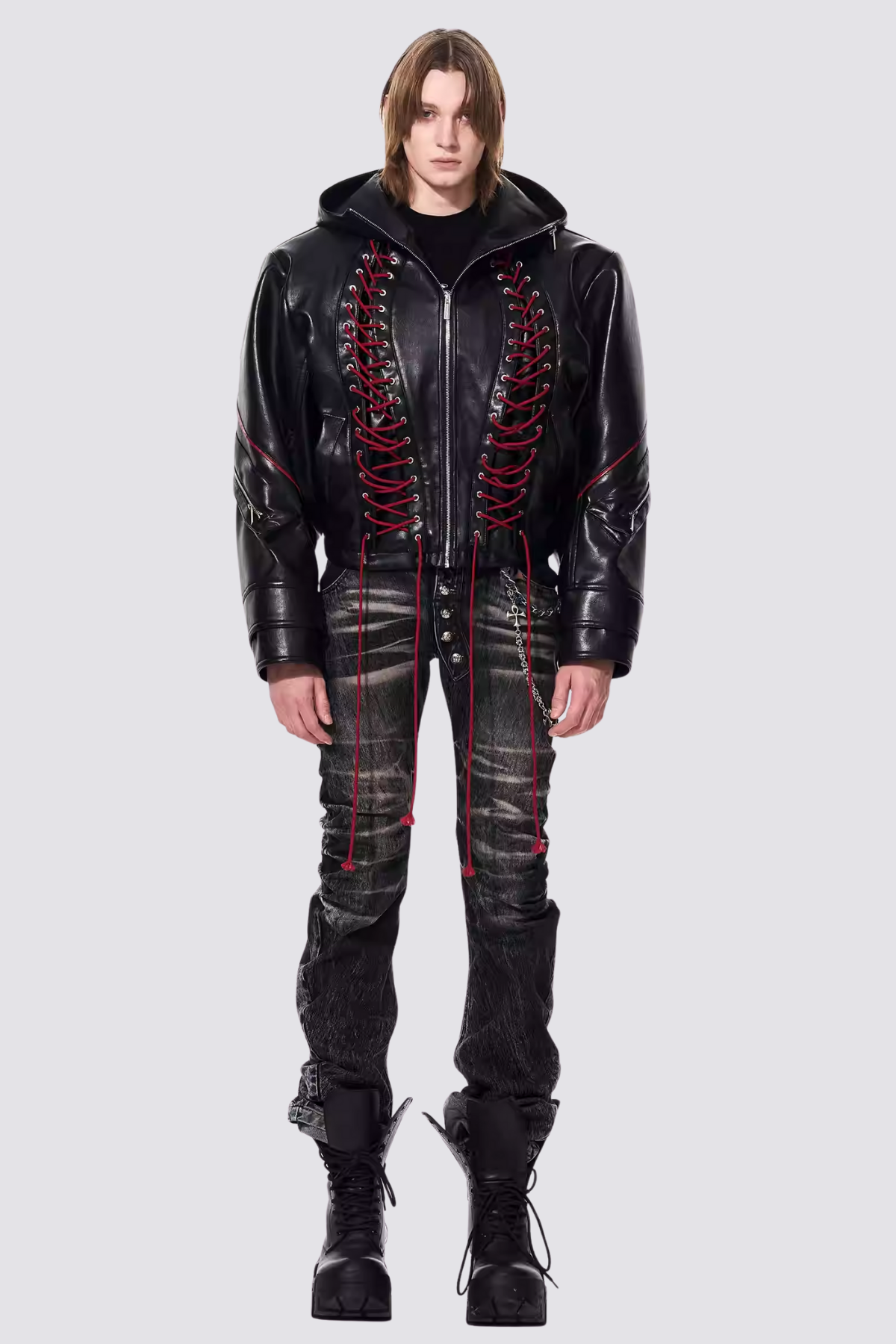 Metal Loop Leather Lace Up Hooded Jacket