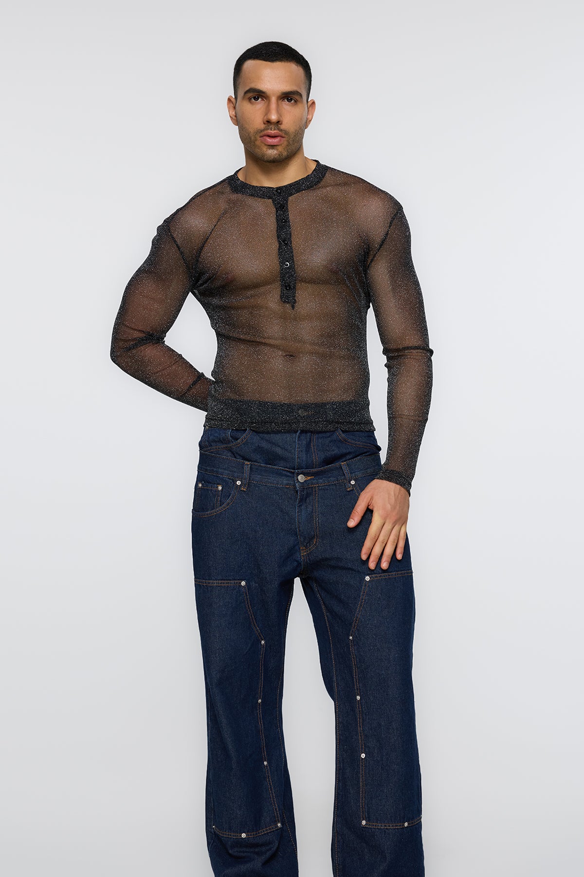 Minimal Black Long Sleeve Mesh Glitter Top