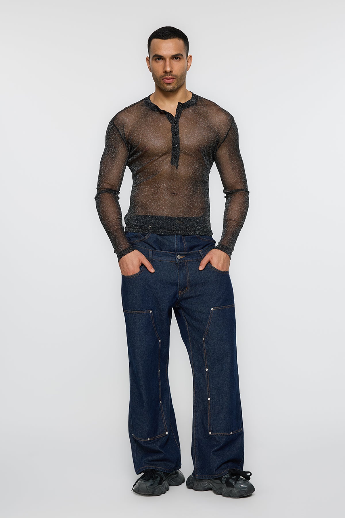 Minimal Black Long Sleeve Mesh Glitter Top