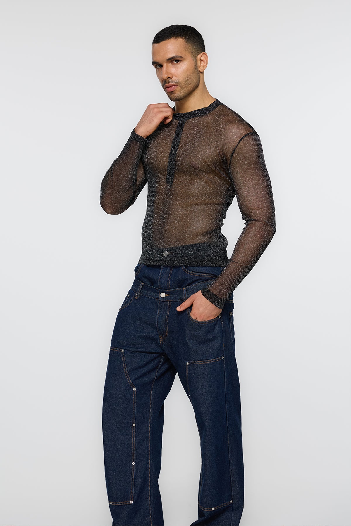 Minimal Black Long Sleeve Mesh Glitter Top