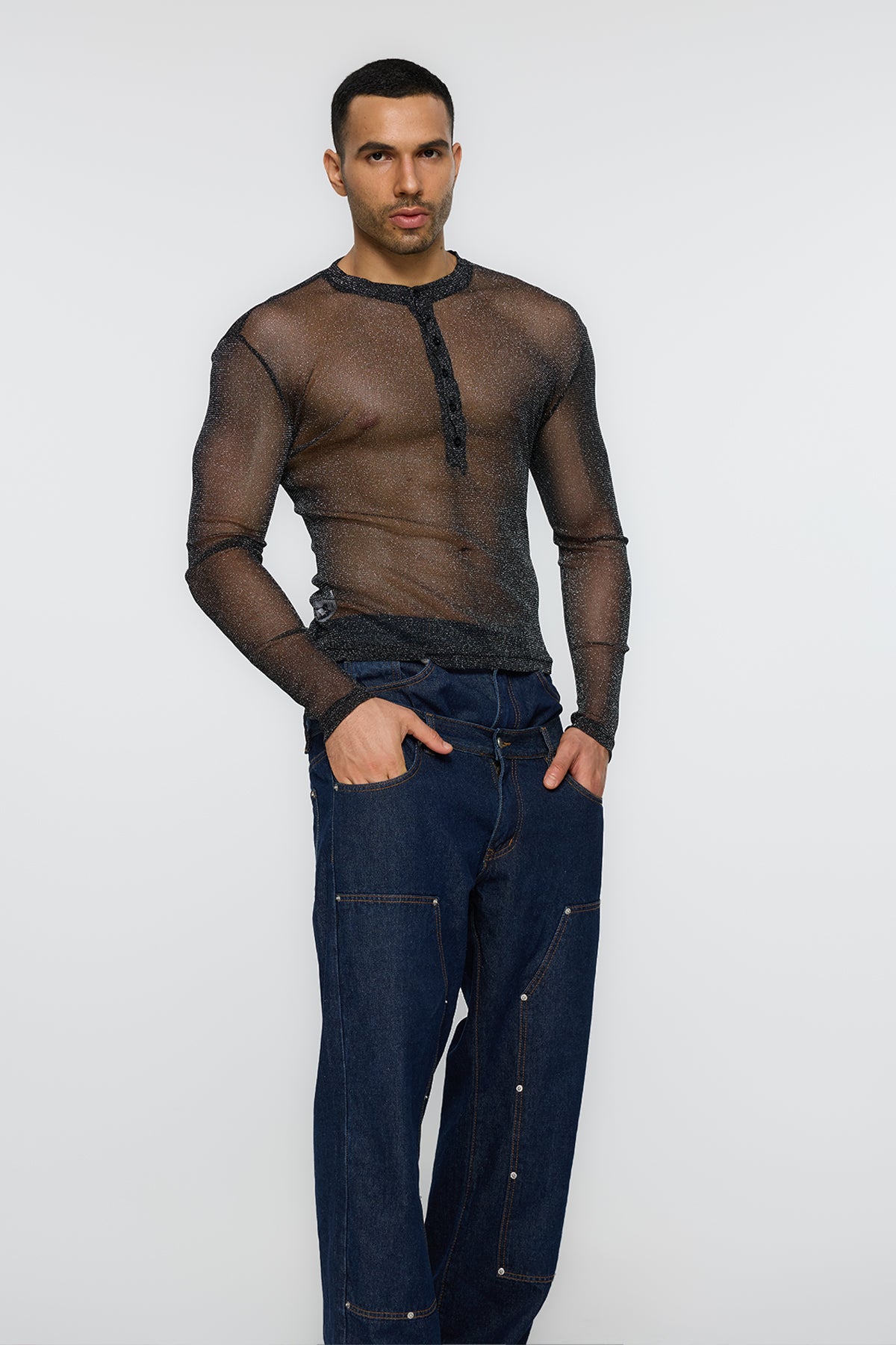 Minimal Black Long Sleeve Mesh Glitter Top