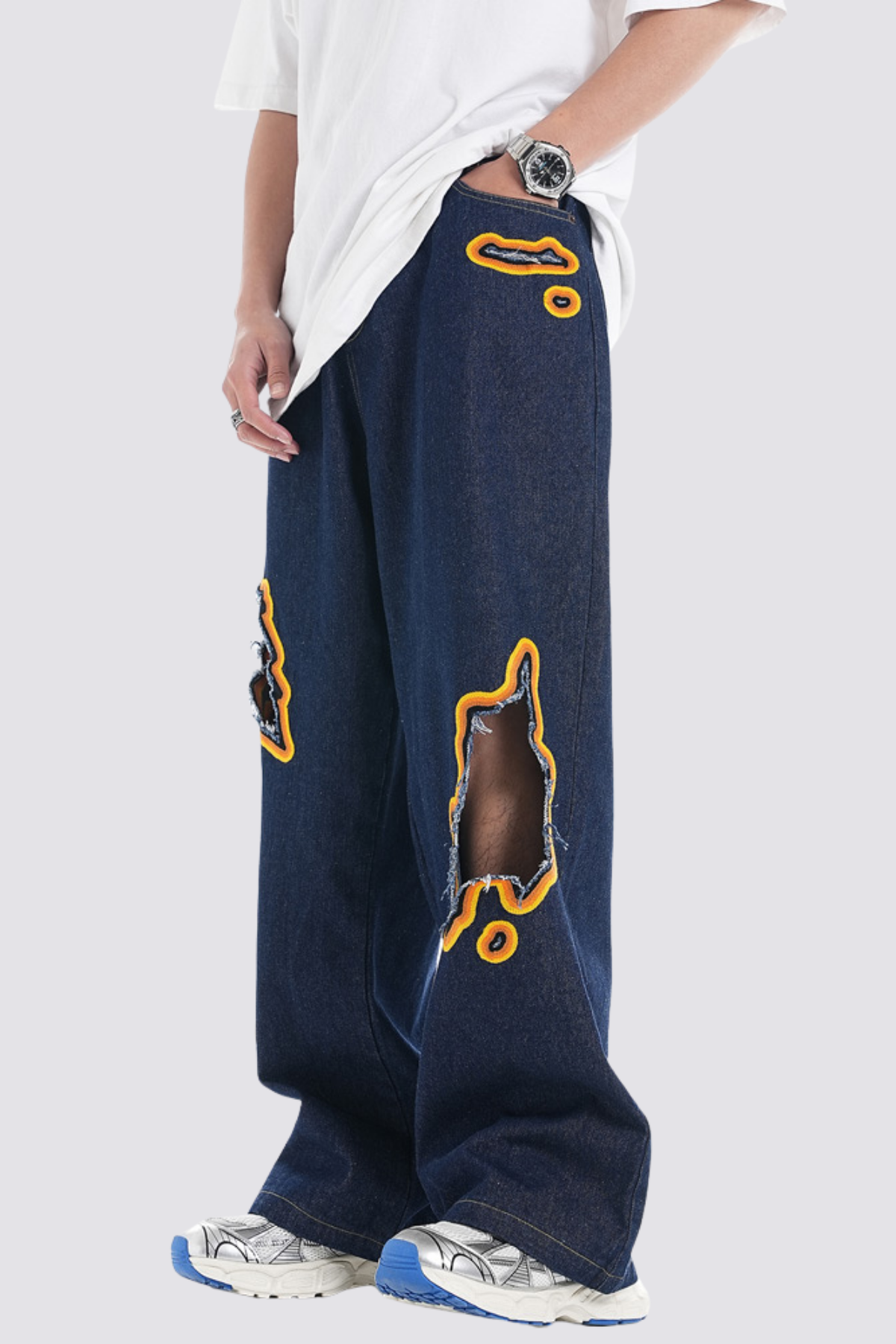 Mirror Crash Ripped Straight Jeans Blue