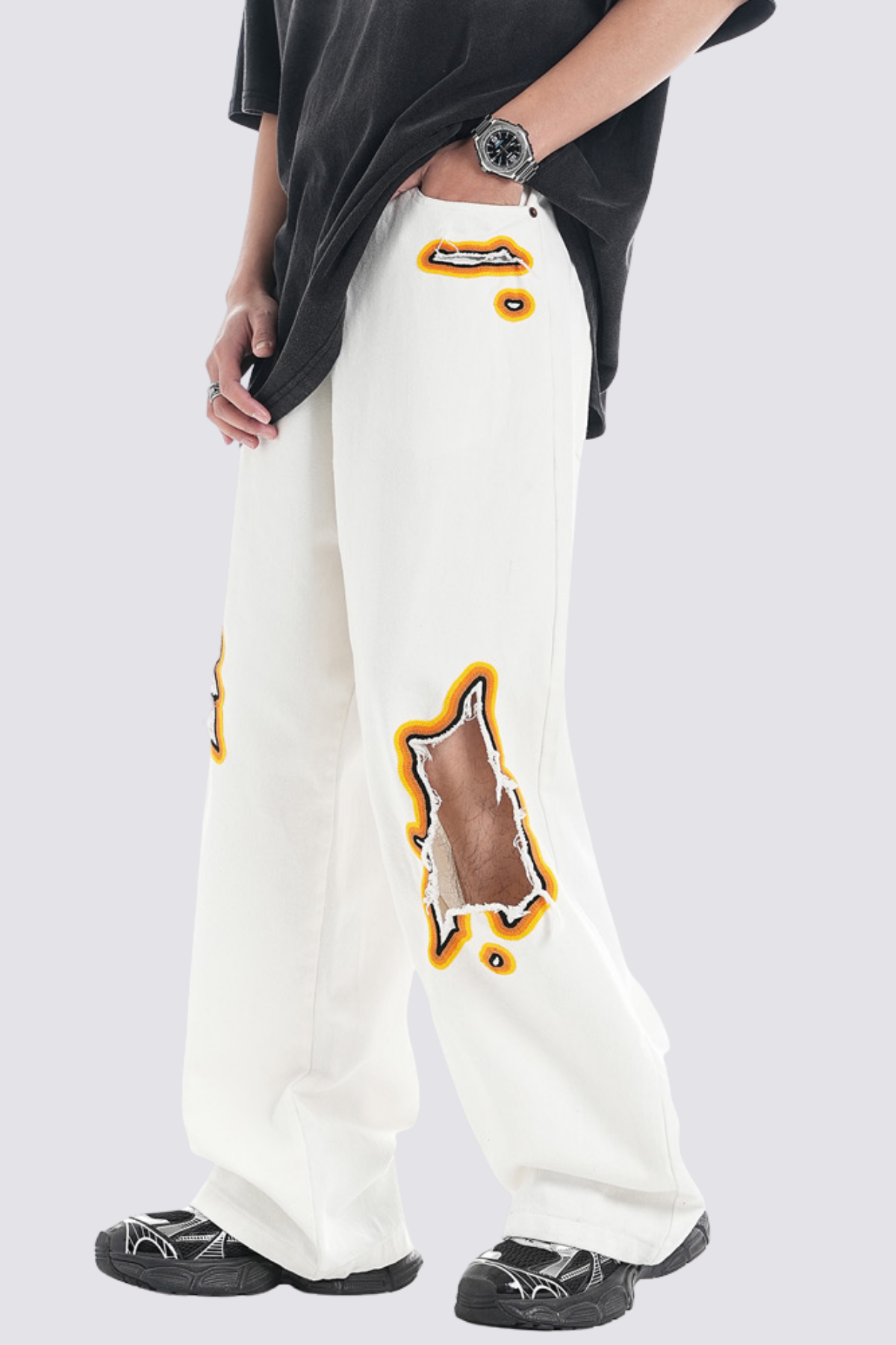 Mirror Crash Ripped Straight Jeans White