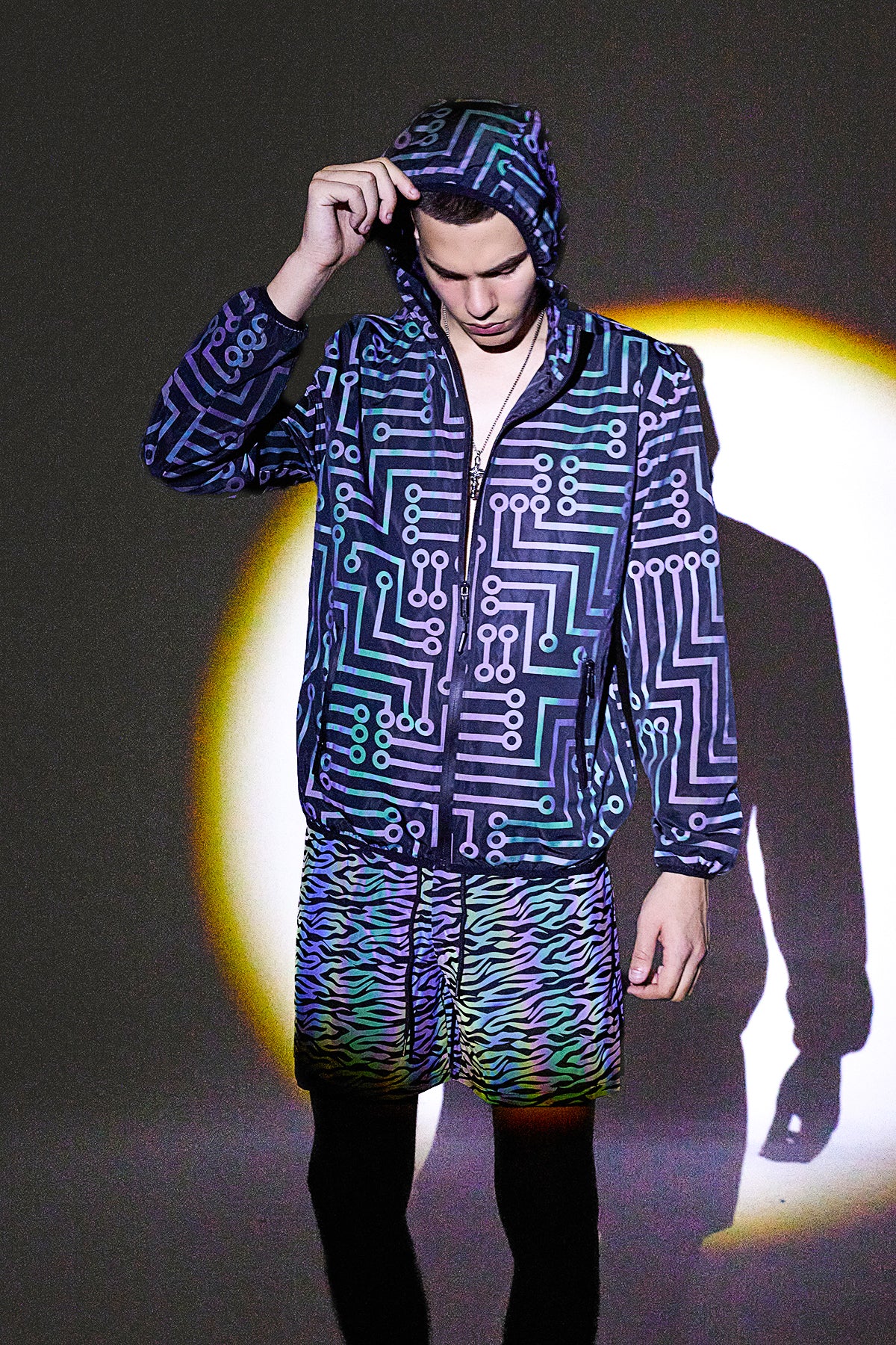 Mirror Finish Circuit Punk Hooded Jacket