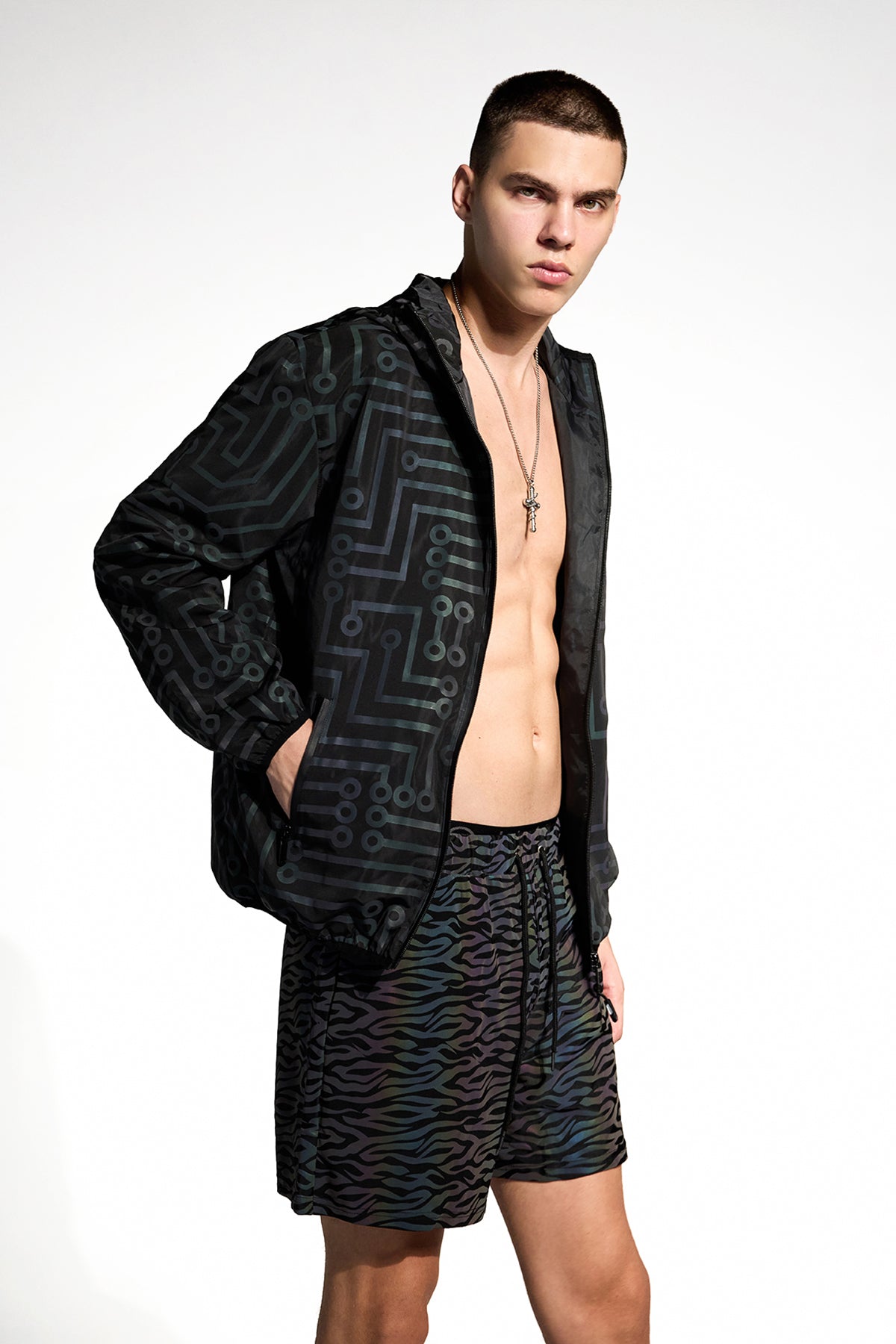 Mirror Finish Circuit Punk Hooded Jacket