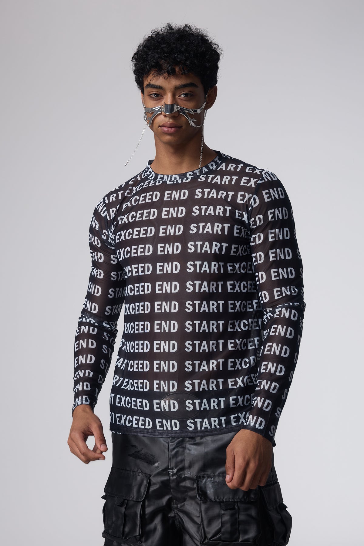 Mist Trace Letter Print Mesh Top