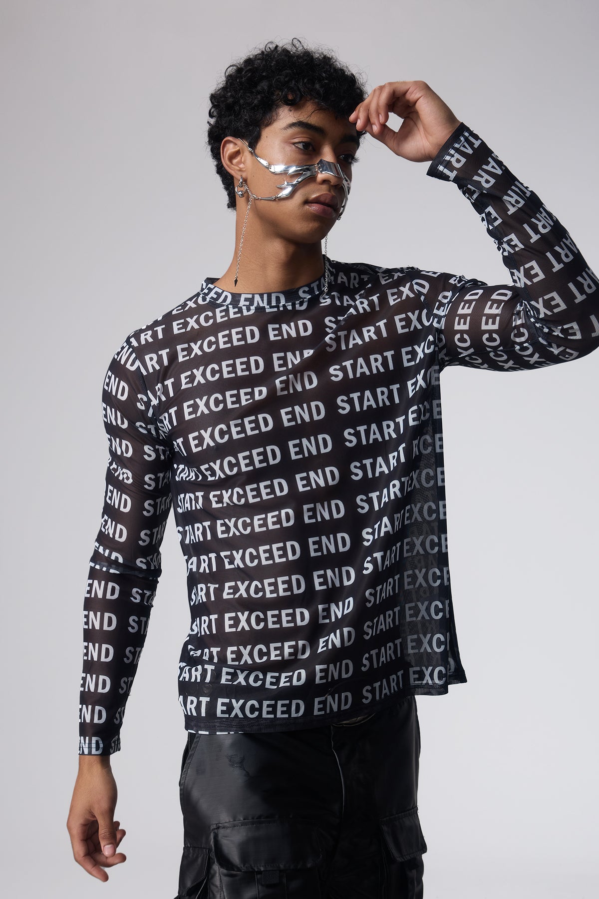 Mist Trace Letter Print Mesh Top