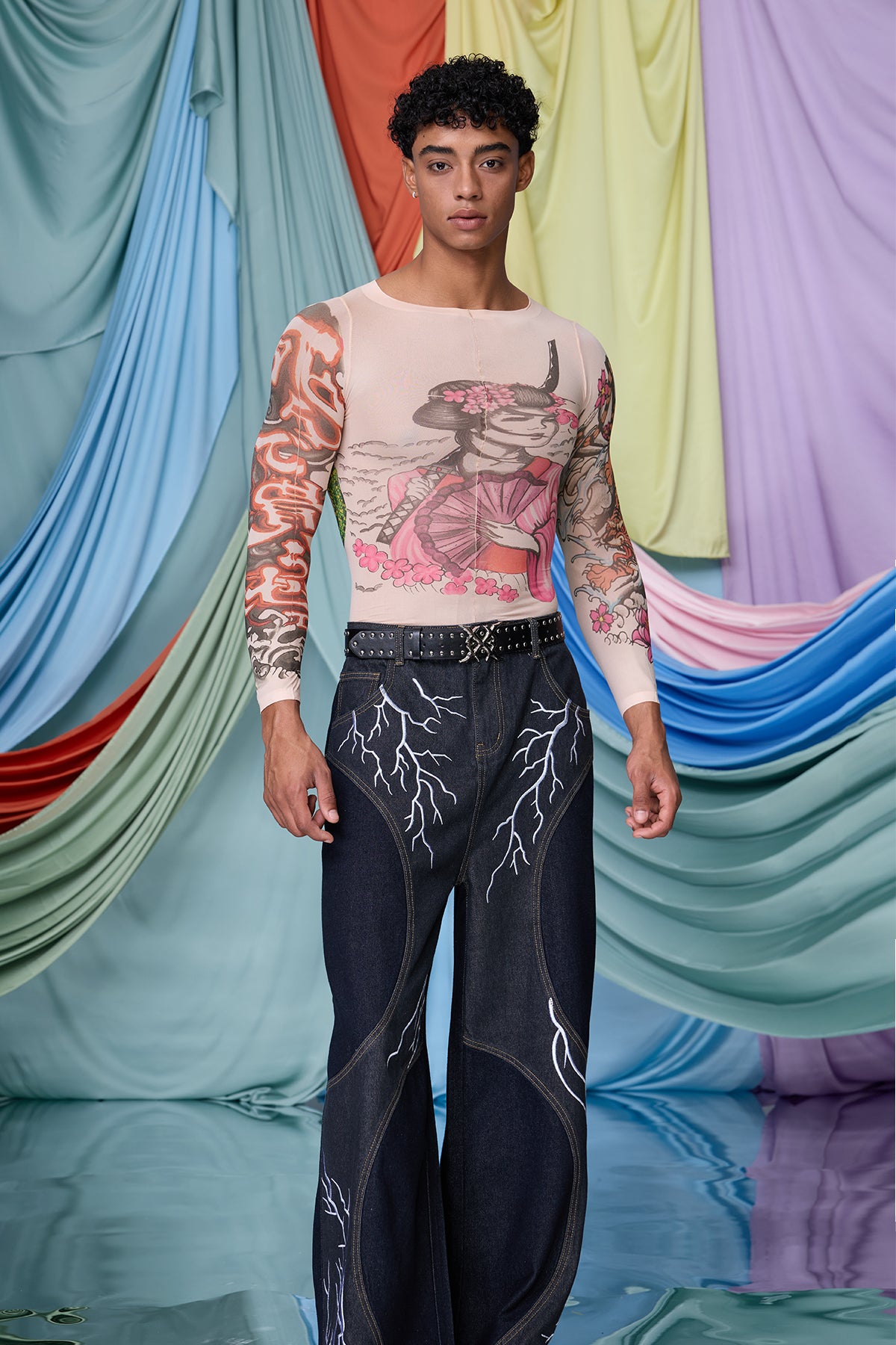Mixed Presence Long Sleeve Print Mesh Jumpsuit