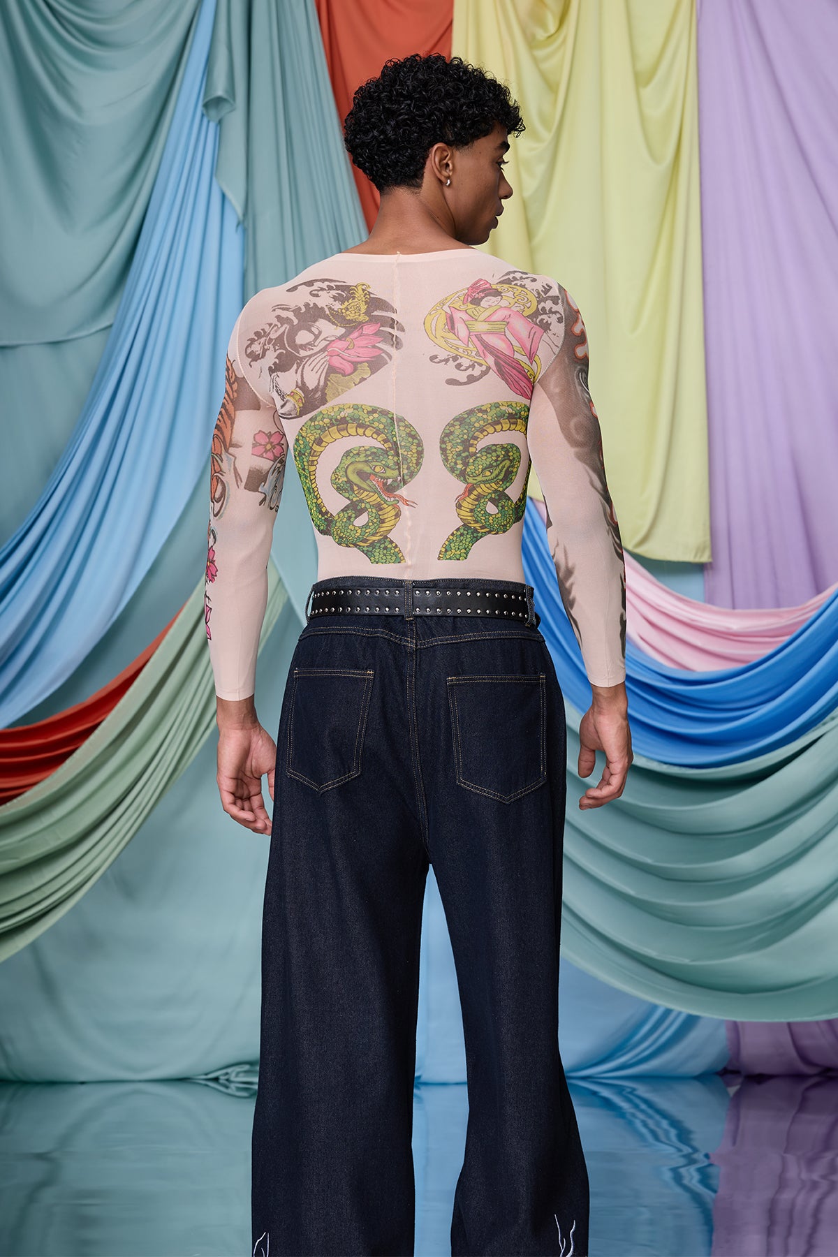 Mixed Presence Long Sleeve Print Mesh Jumpsuit