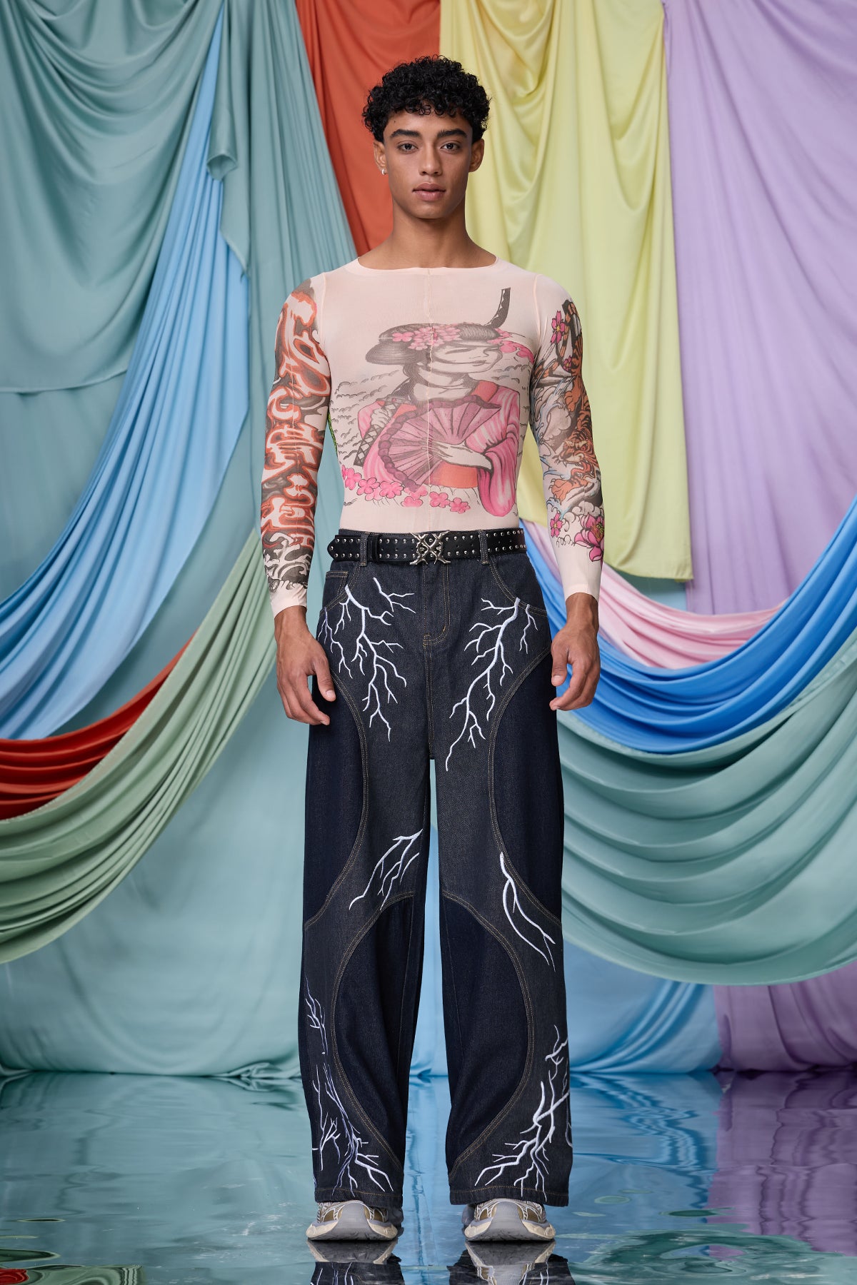Mixed Presence Long Sleeve Print Mesh Jumpsuit
