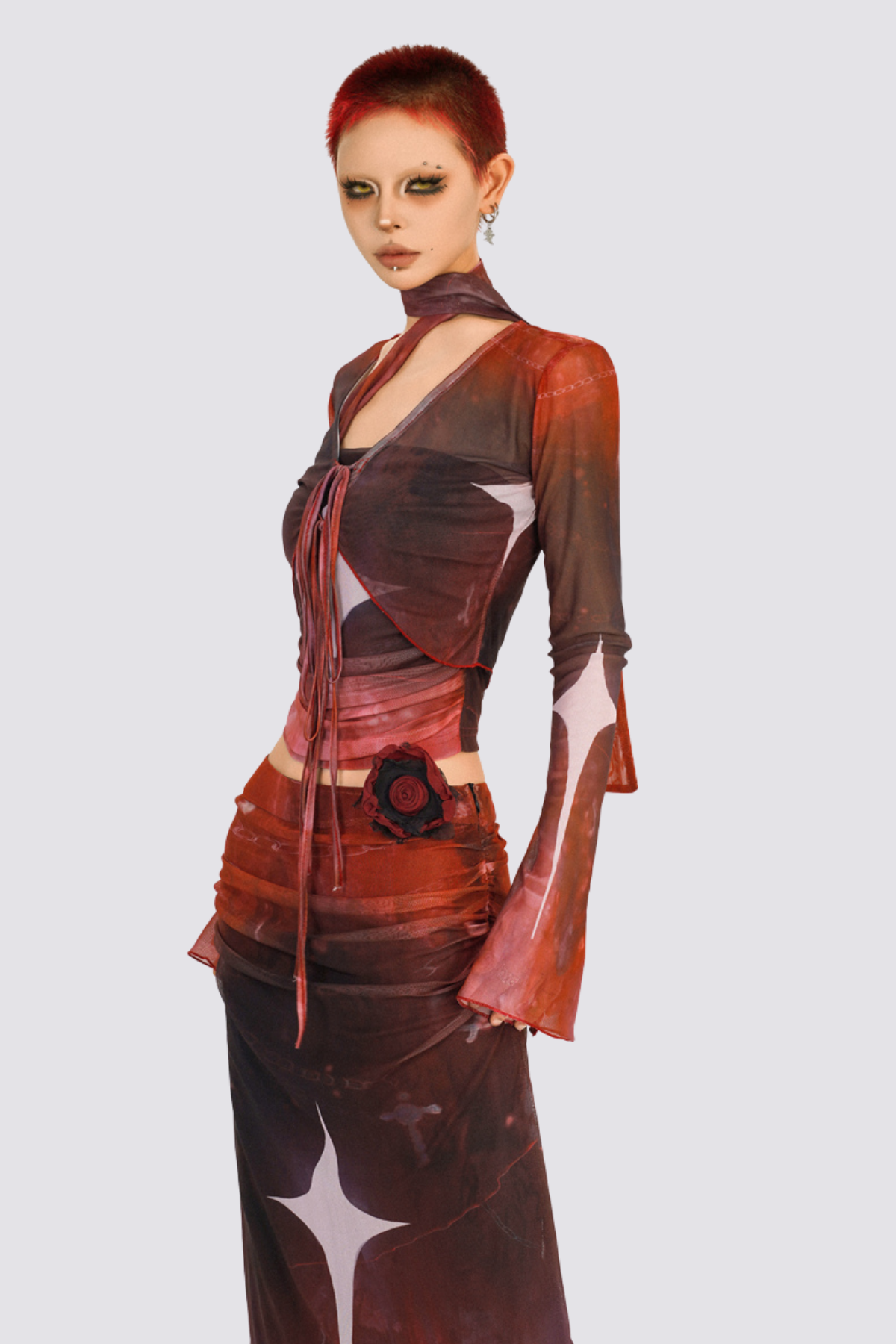 Mixed Bond Star Print Mesh Skirt