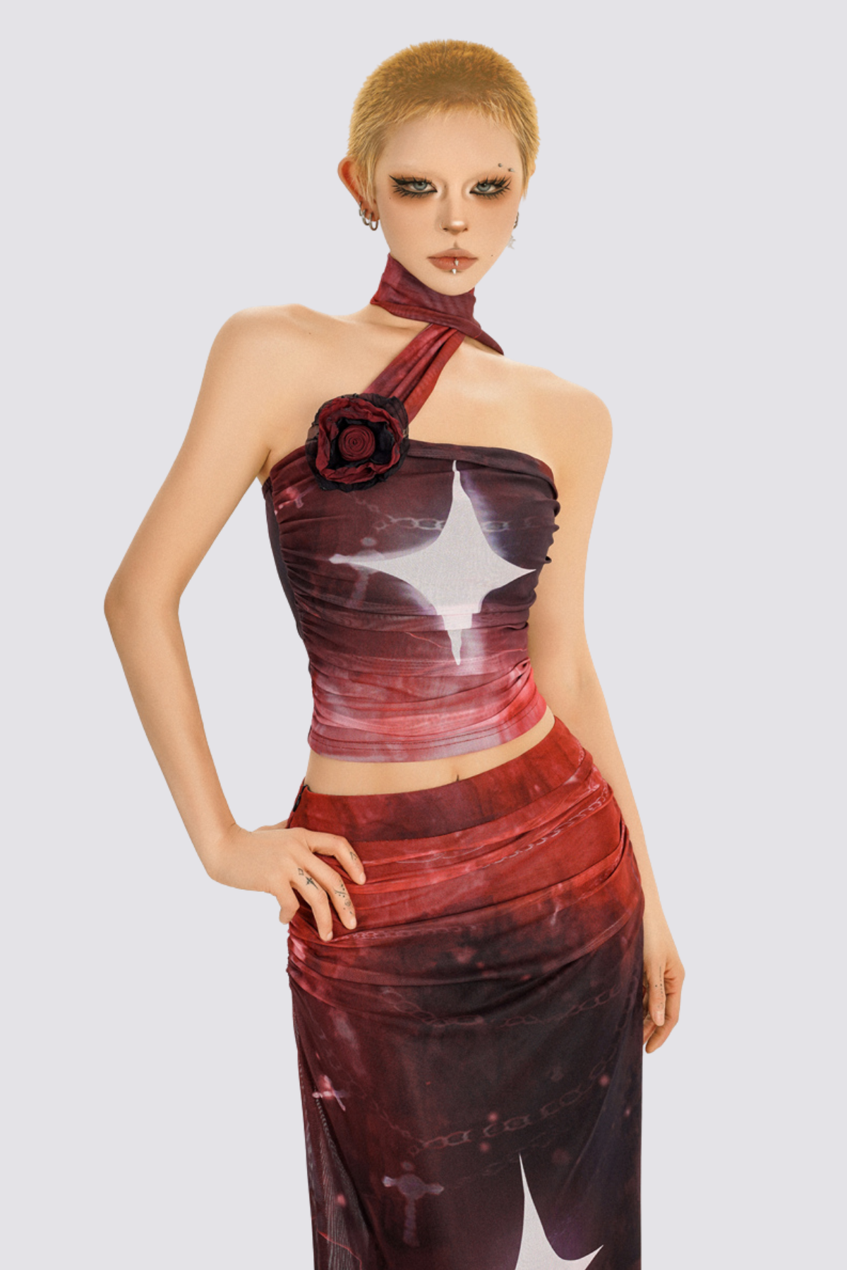 Mixed Bond Star Print Mesh Skirt